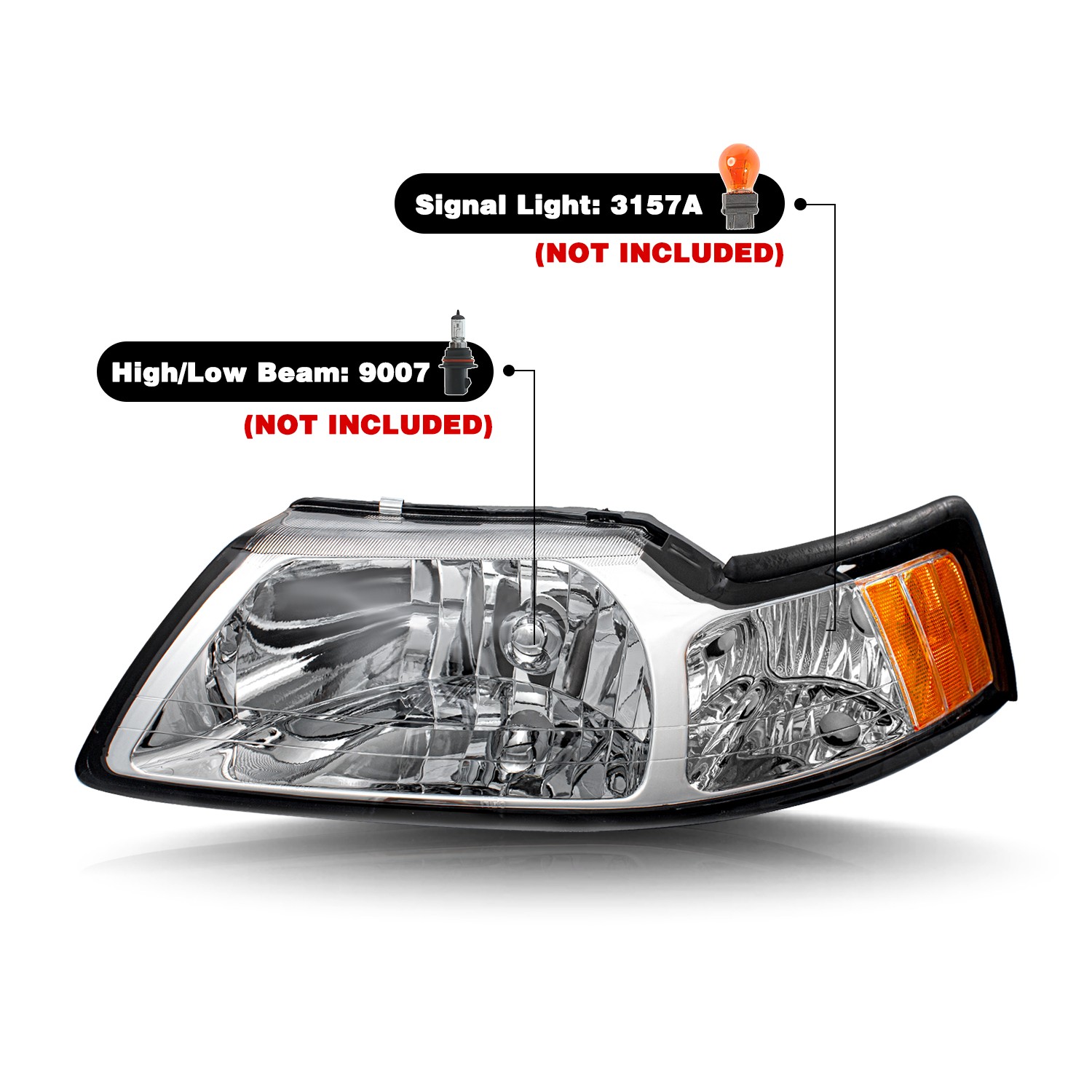 For 1999-2004 Ford Mustang Halogen Chrome Headlights Assembly Lamps Left&Right