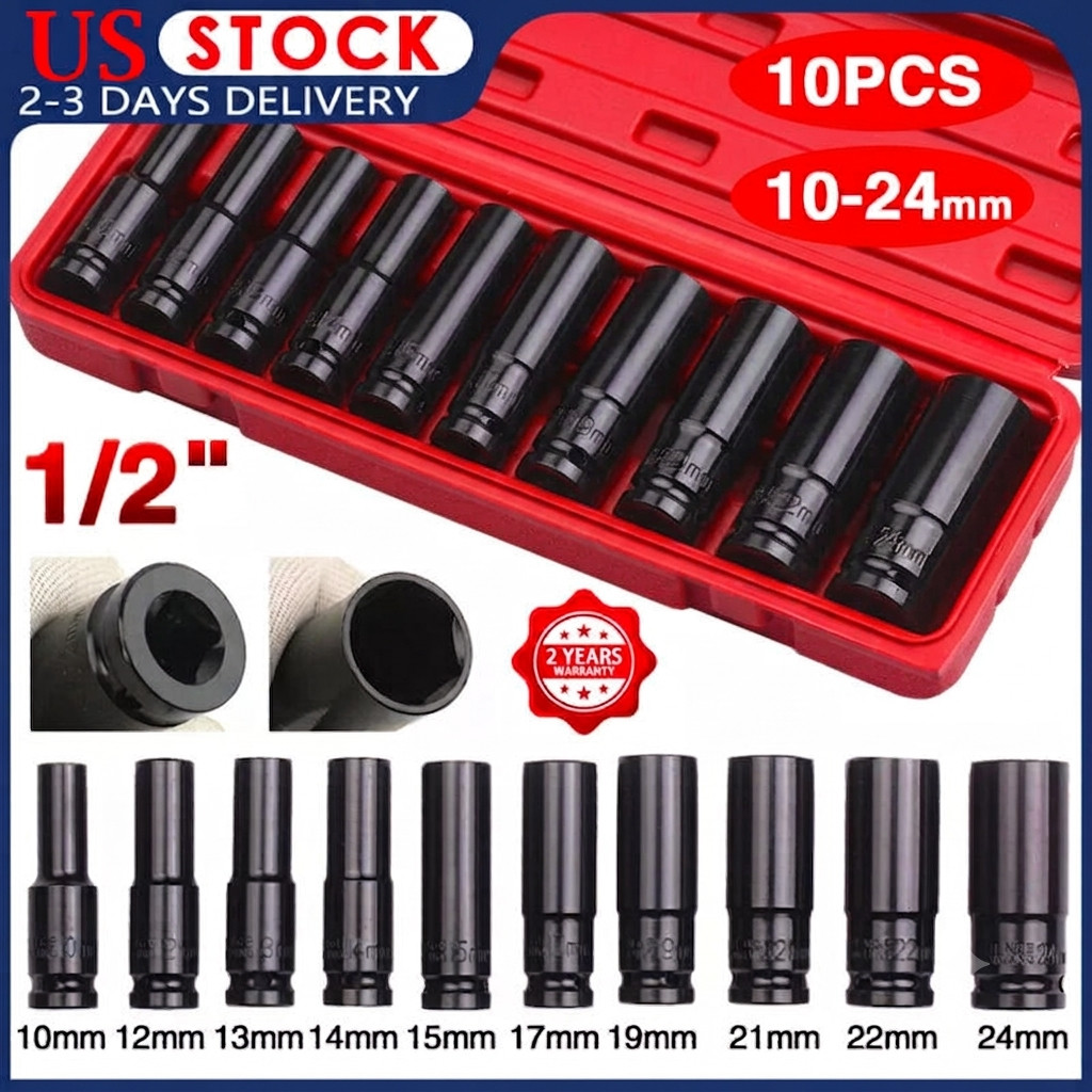 10PCS 1/2″ Deep Impact Socket Set Drive 6 Point Metric Garage Tool 10 – 24mm USA