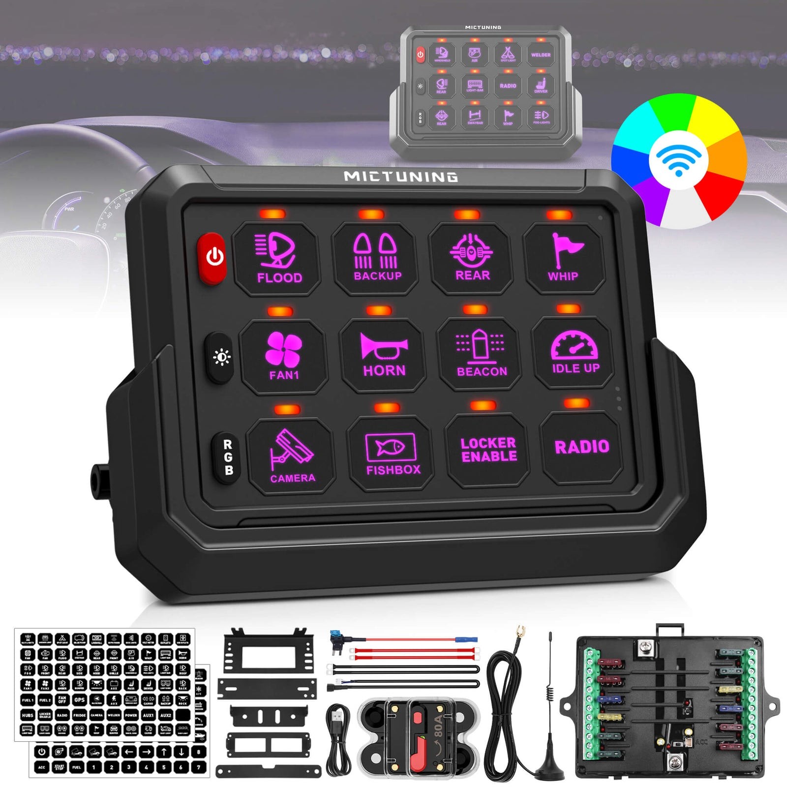 MICTUNING Wireless RGB 12 Gang Switch Panel 12v Circuit Relay Control System Box