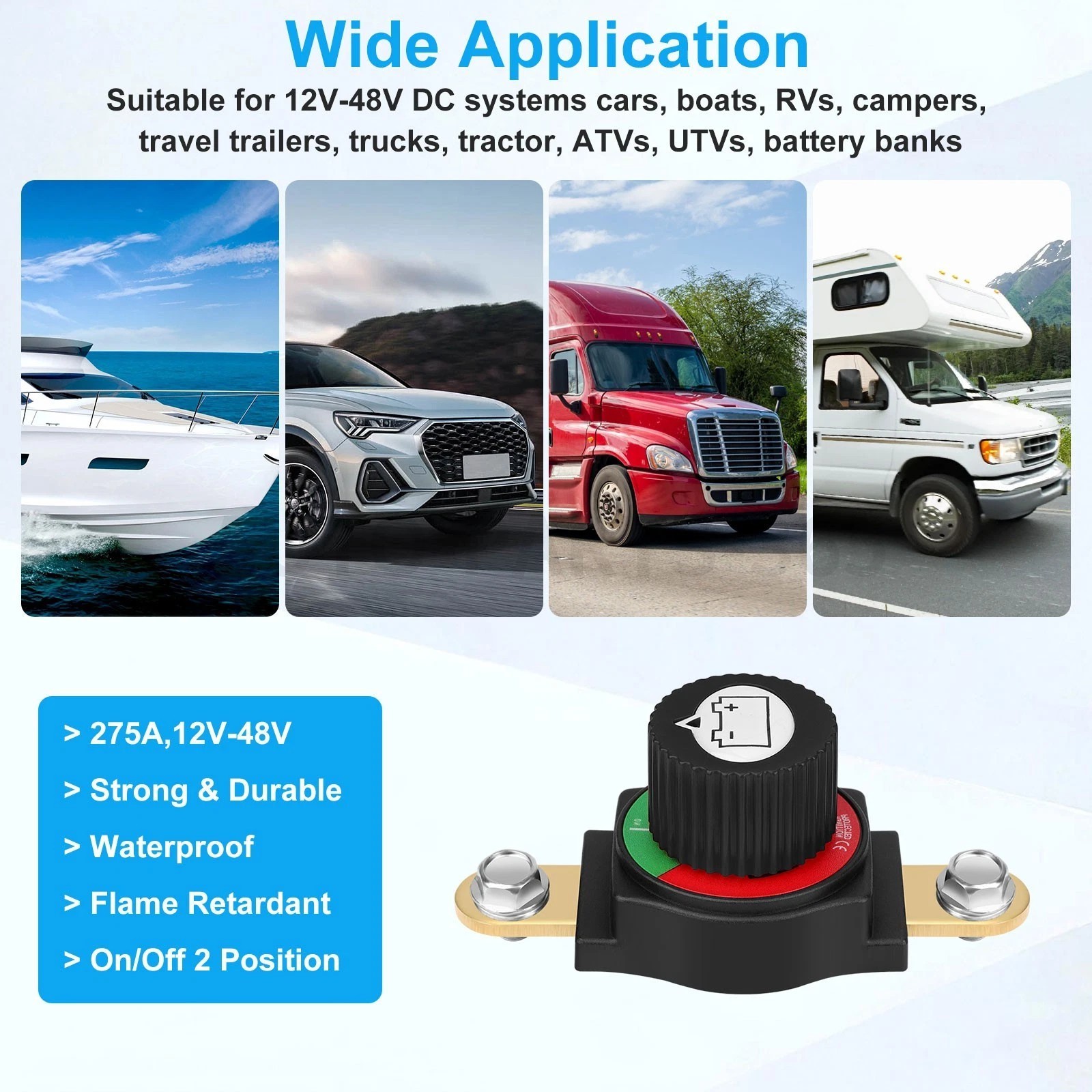 Side Post Disconnect Switch Marine Battery Power Cut-Off Switch Isolator 12V-48V