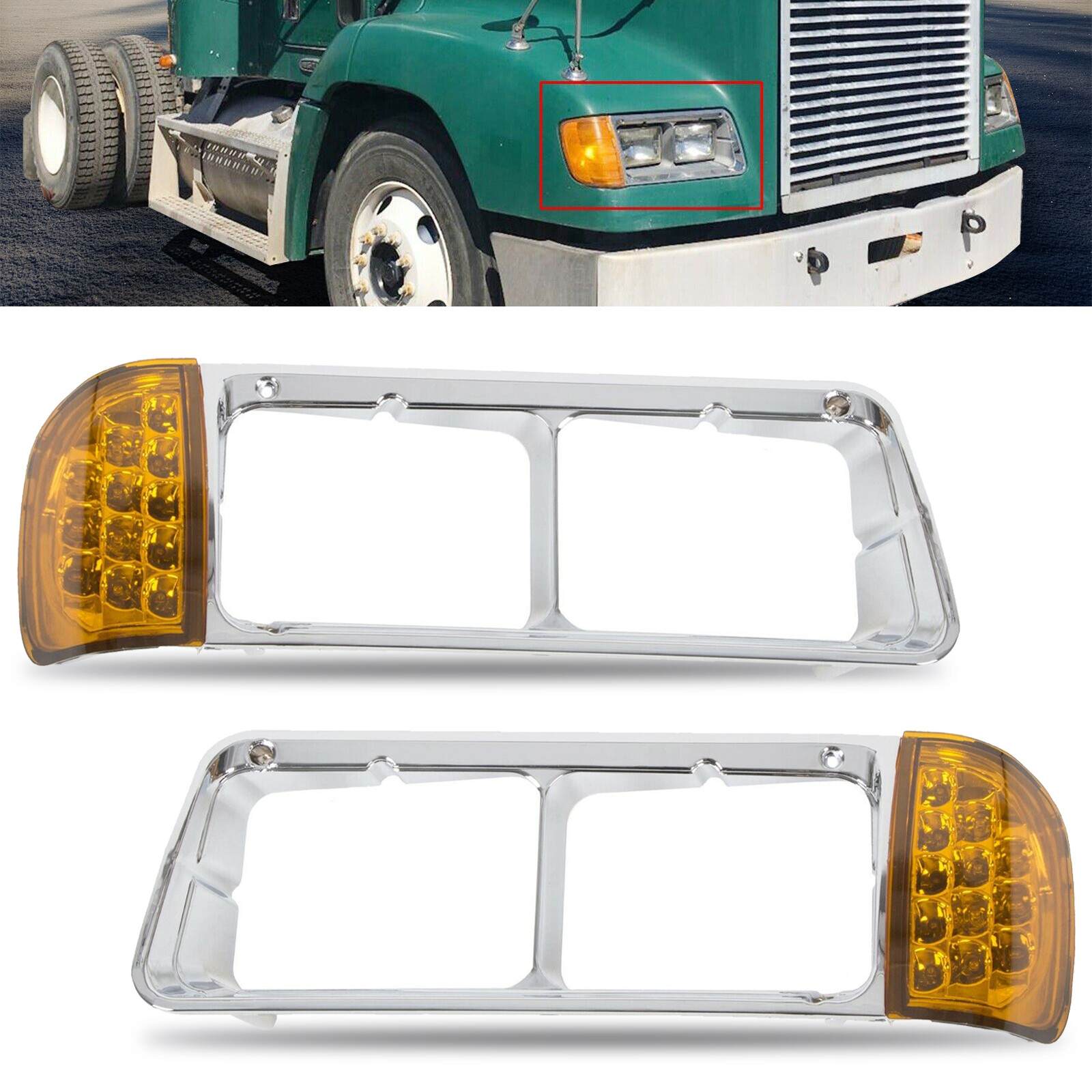 LED Turn Signal Lamp Light Headlight Bezel Pair For 88-12 Freightliner FLD120