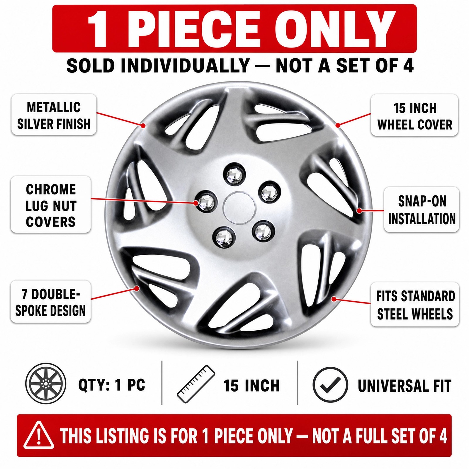 Single Piece 15″ Silver Hubcap Snap On Wheel Cover Steel Rim 20 Styles Qty 1