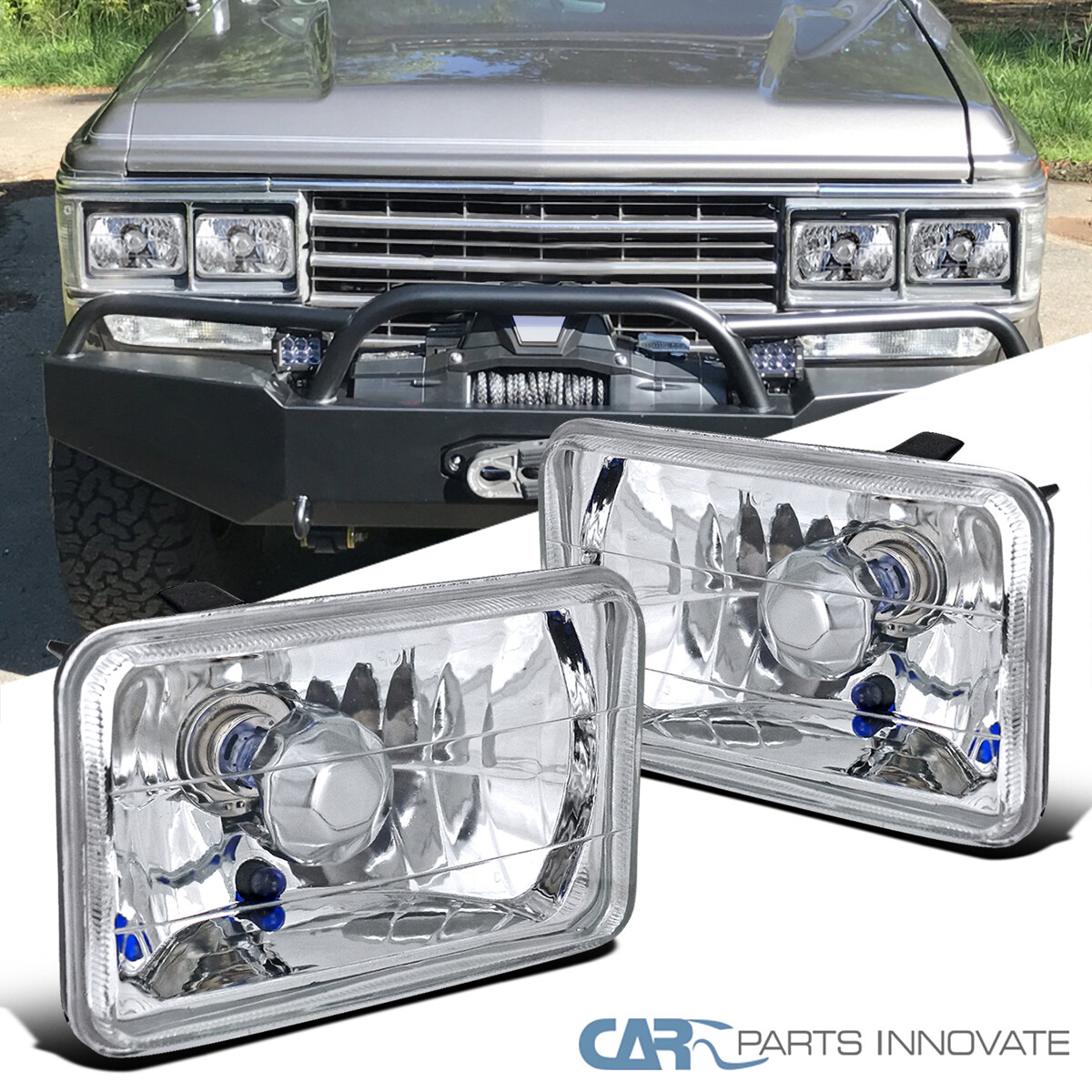 4″ X 6″ Square Cut Sealed Beam Headlights Lamp Chrome Housing Clear Lens Pair