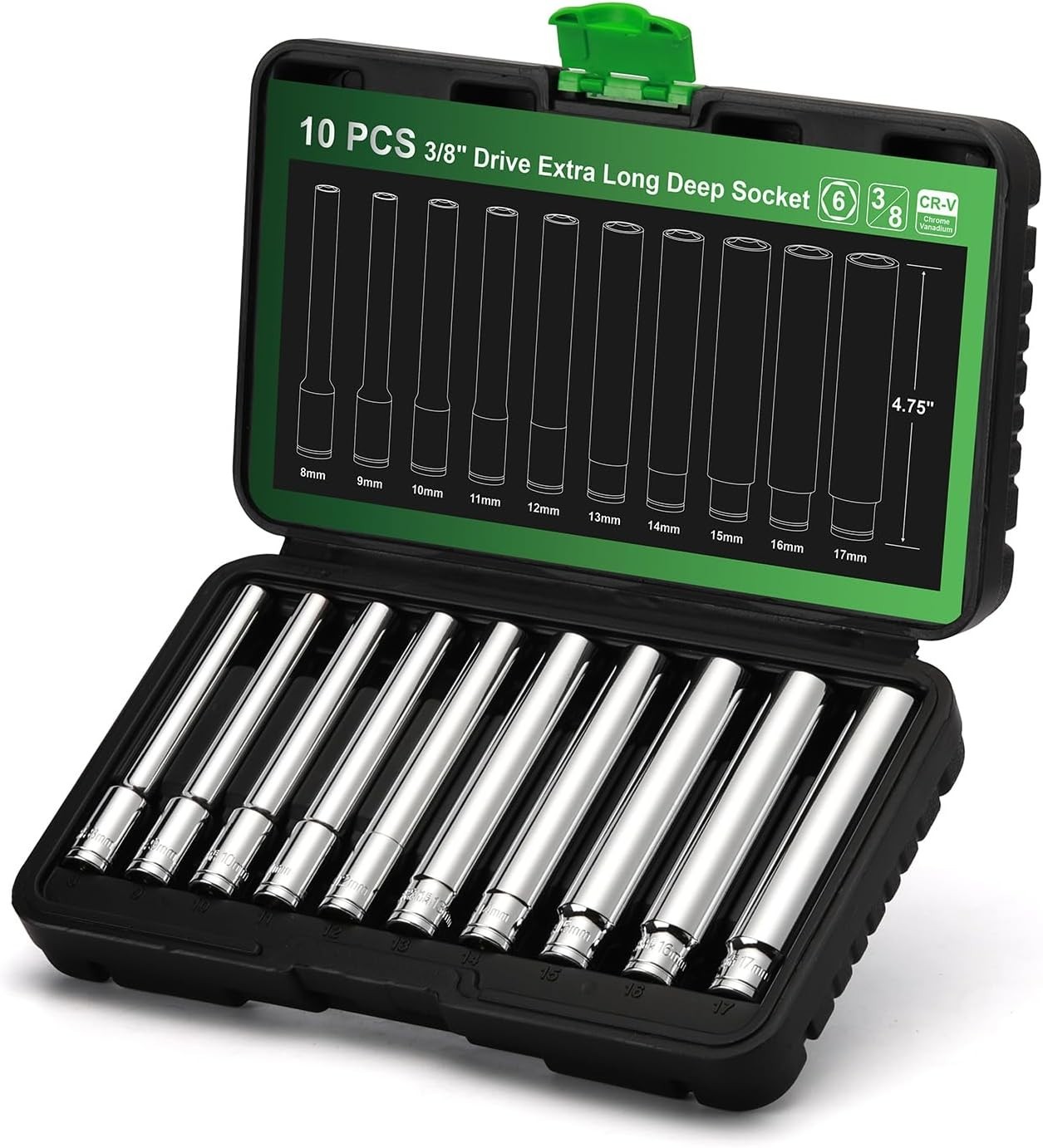 TecoTek 10PCS 3/8-Inch Drive Extra Deep Metric Socket Set, 6 Point, 8mm to 17mm,