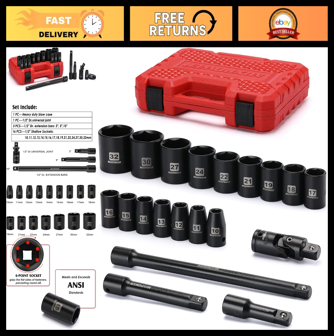 20-Piece 1/2″ Drive Shallow Impact Socket Set 10mm-32mm CR-V 6-Point with Extens