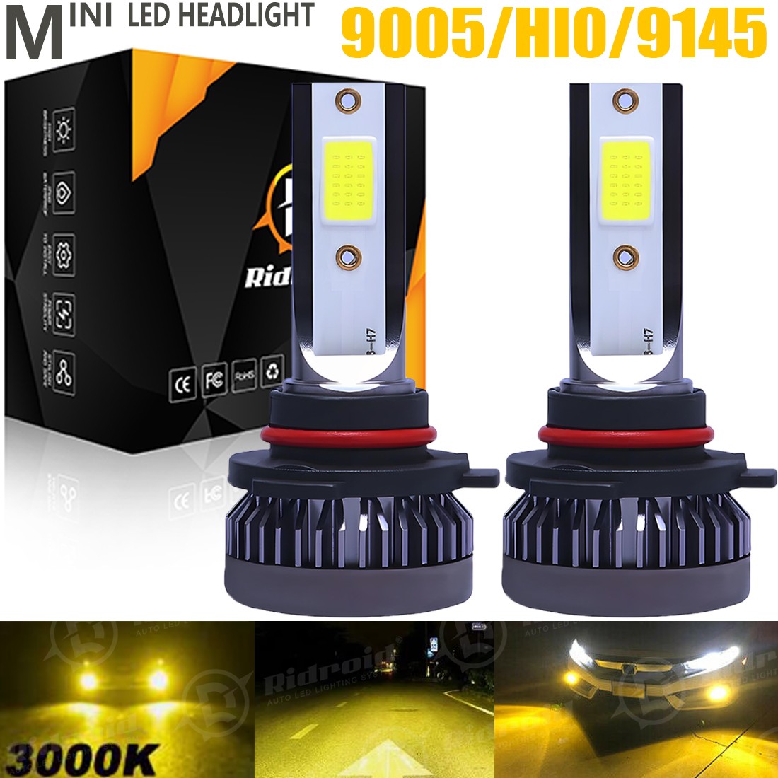 9005 HB3 LED Headlight Super Bright Bulbs Kit Yellow 3000K 12000LM High/Low Beam
