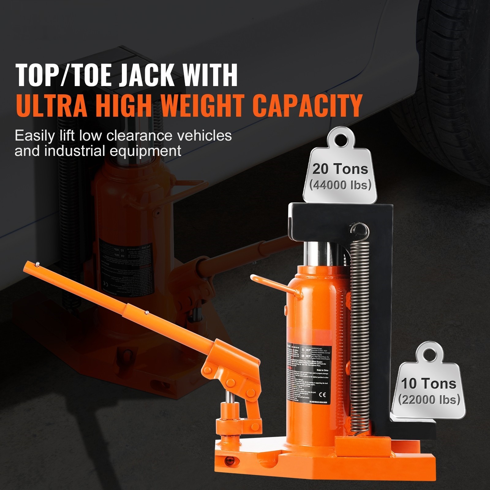 VEVOR Hydraulic Machine Toe Jack Lift Lifting Capacity 10 Ton Toe 20 Ton Top
