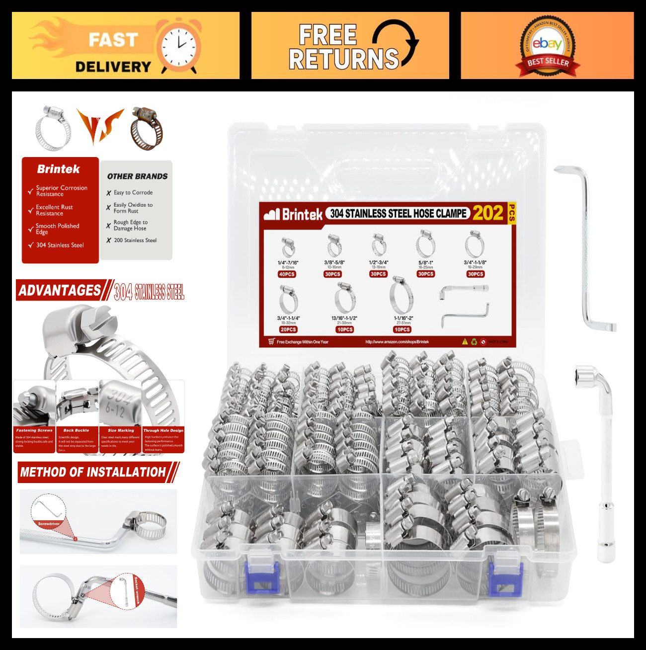 202PCS Adjustable Stainless Steel Hose Clamp Set 1/4”-2” for Plumbing, Automotiv