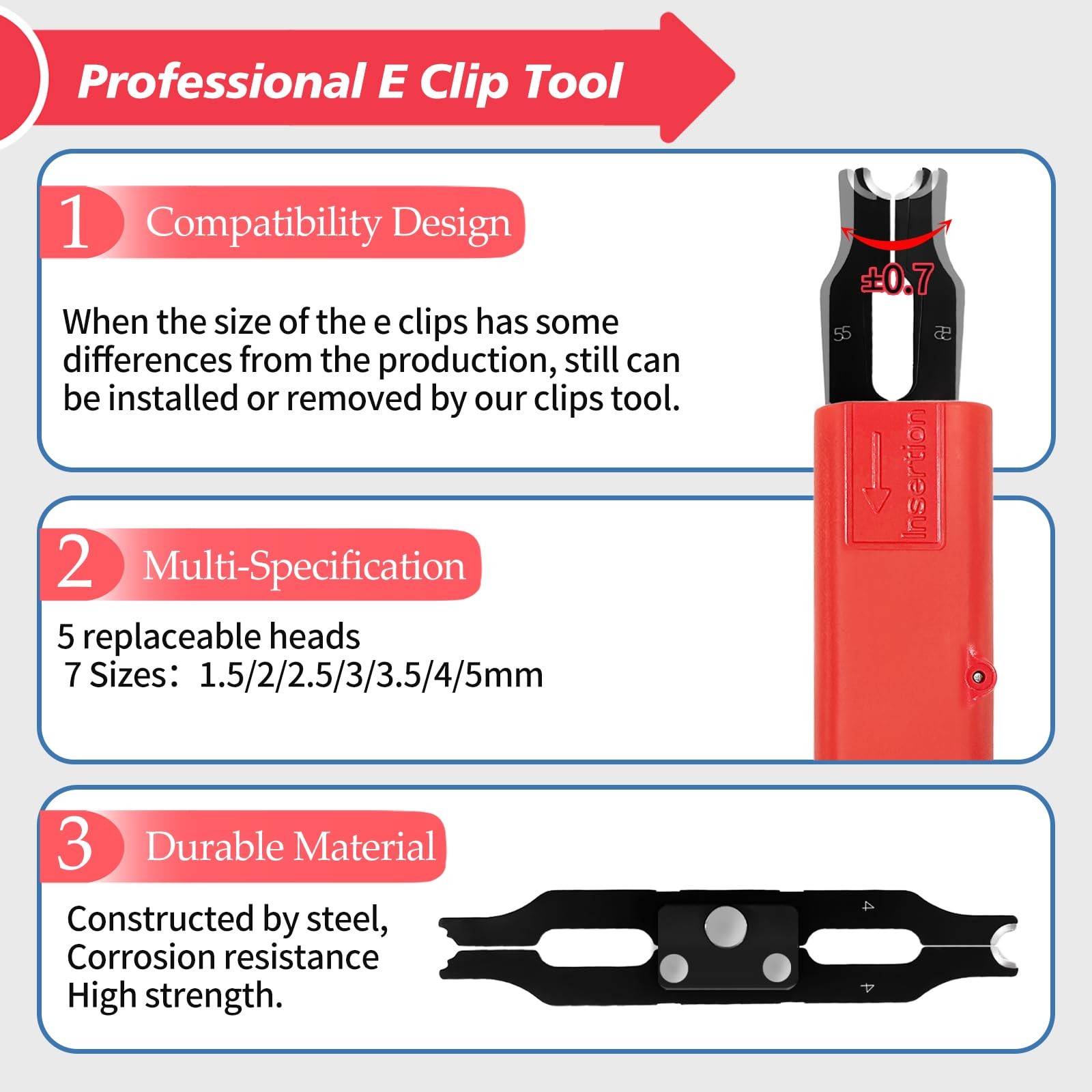 350 PCS EClips Kit With Tool 7 Sizes 1.5mm 2mm 2.5mm 3mm 3.5mm 4mm 5mm Clip