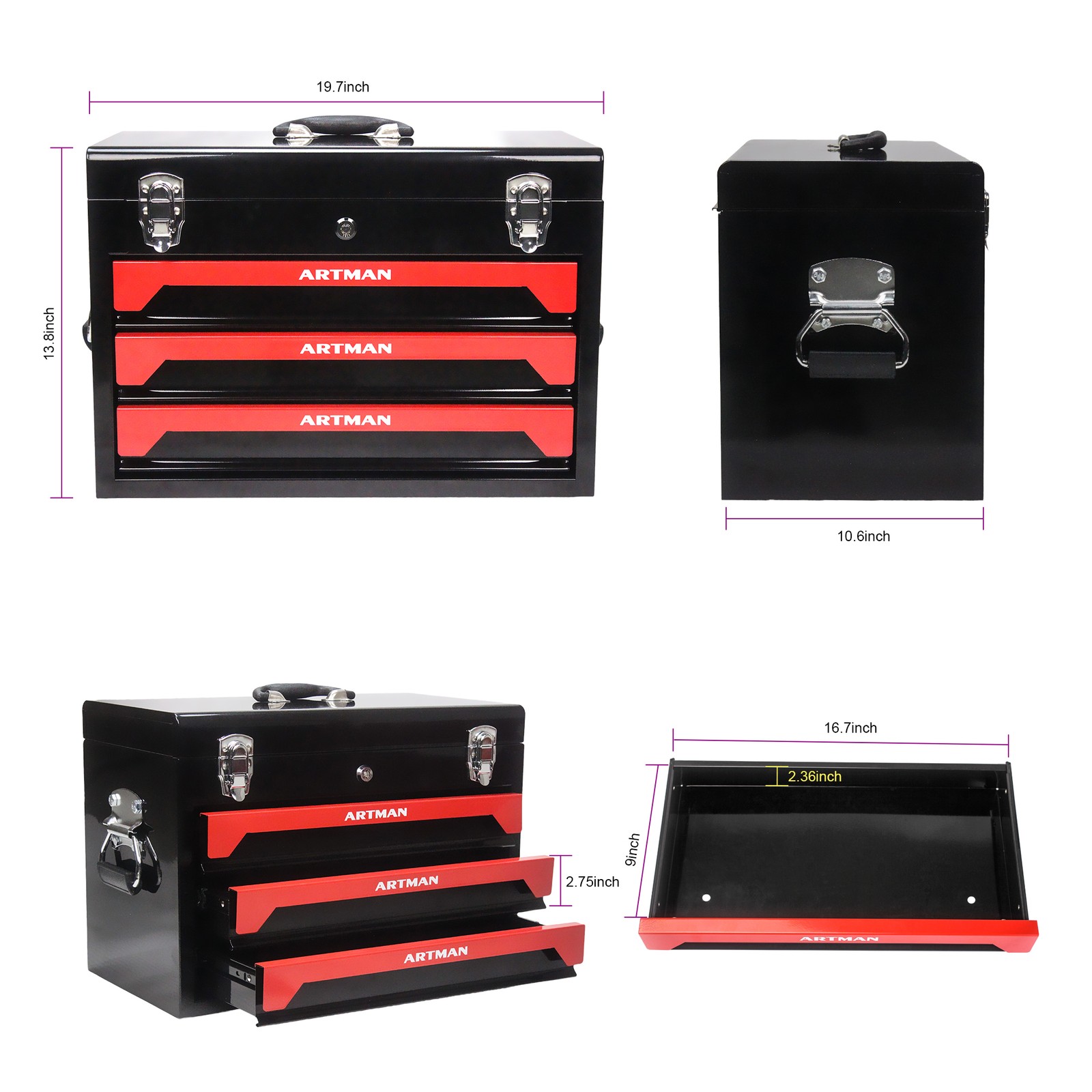 20″ Portable Steel 3-Drawer Toolbox with Latches Top Tray& Handle Garage Storage