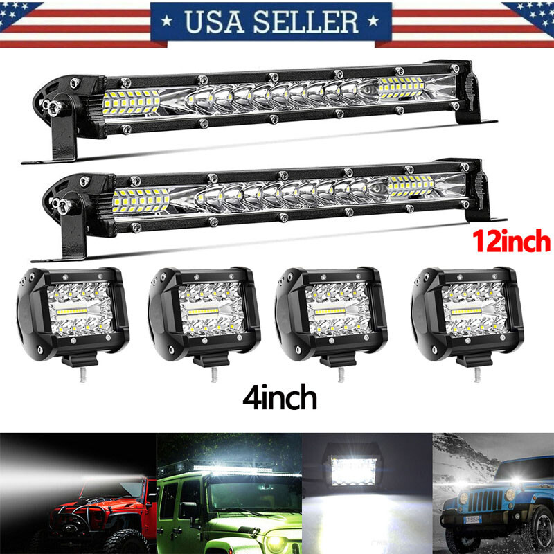 2x 12″inch 450W LED Light Bar Combo+4x 4″in Pods Kit For Jeep For Truck SUV ATV