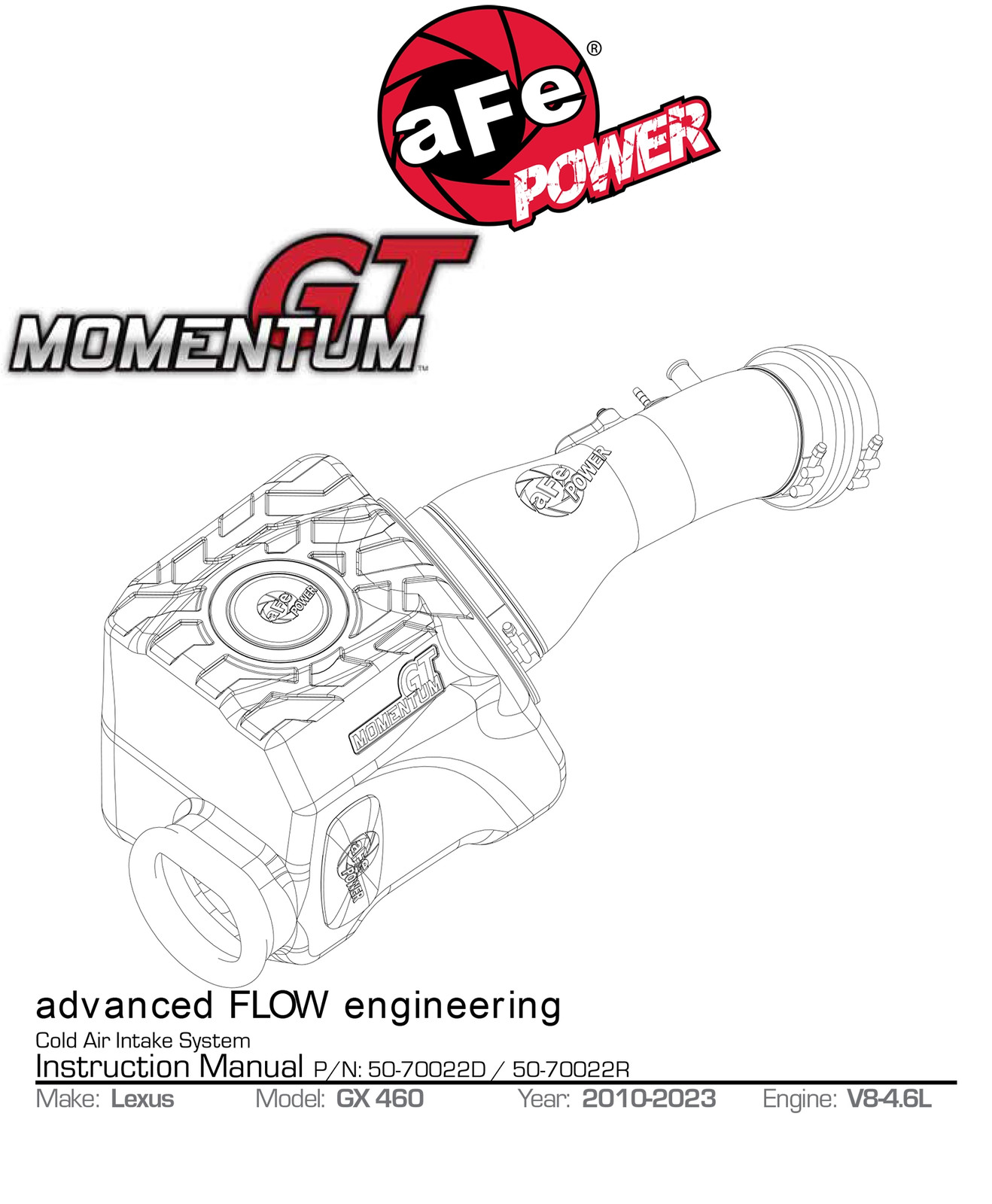 aFe 50-70022D Momentum GT Cold Air Intake for 2010-2023 Lexus GX460 V8 4.6L Gas