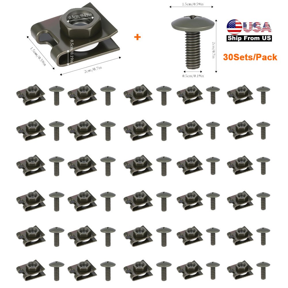 30SET Car Body Bolts U-nut Clips M6 Splash Shield Retainer Fastener Rivet Screws