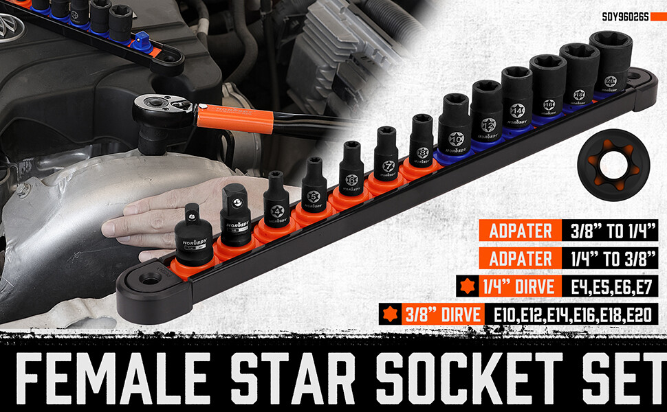 13PC Female E Torx Star Socket Set External E4-E20 Torque 3/8″ 1/4″ Swivel Rail