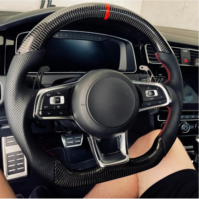 Real Carbon Fiber Steering Wheel For VW MK7 MK 7.5 Golf GTI 2013-2020 Red Line
