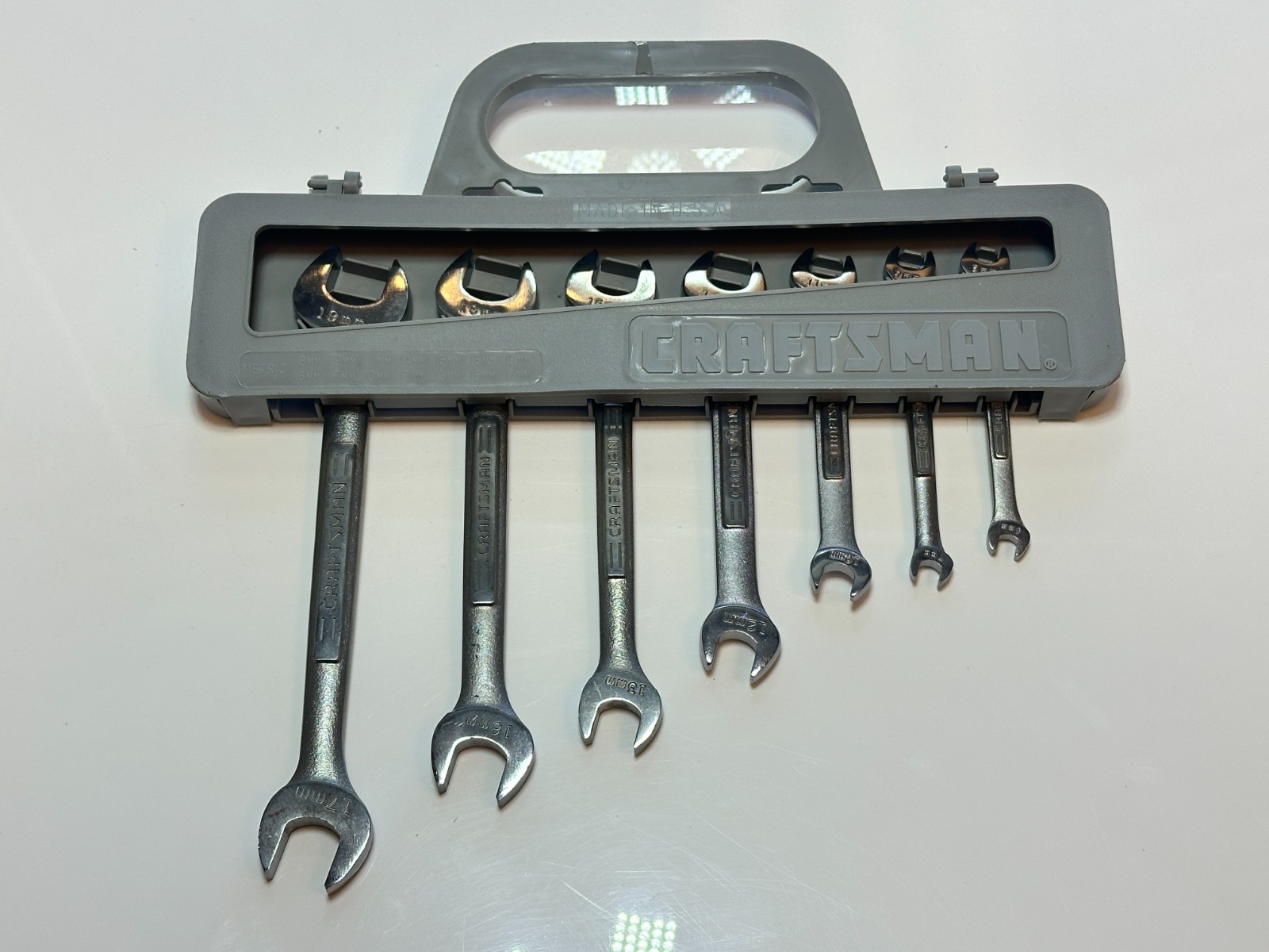 NOS Craftsman USA VV Series 7pc Metric Open-End Wrench Set (6mm – 19mm), Carrier