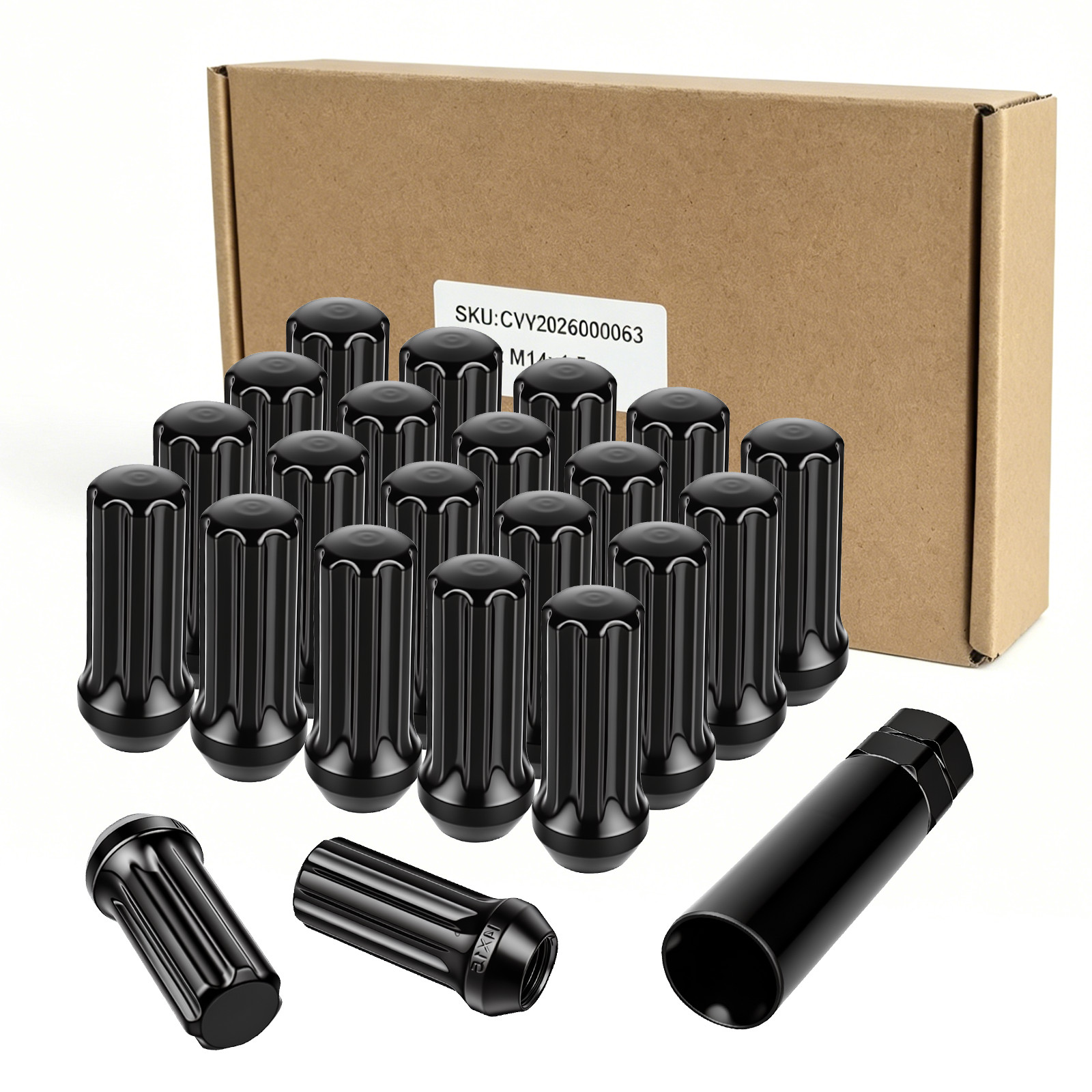 Set of 32 Epoch Spline Lug Nut Kit Black 14mm x 1.5 2″ Tall M14x1.5 Super Duty