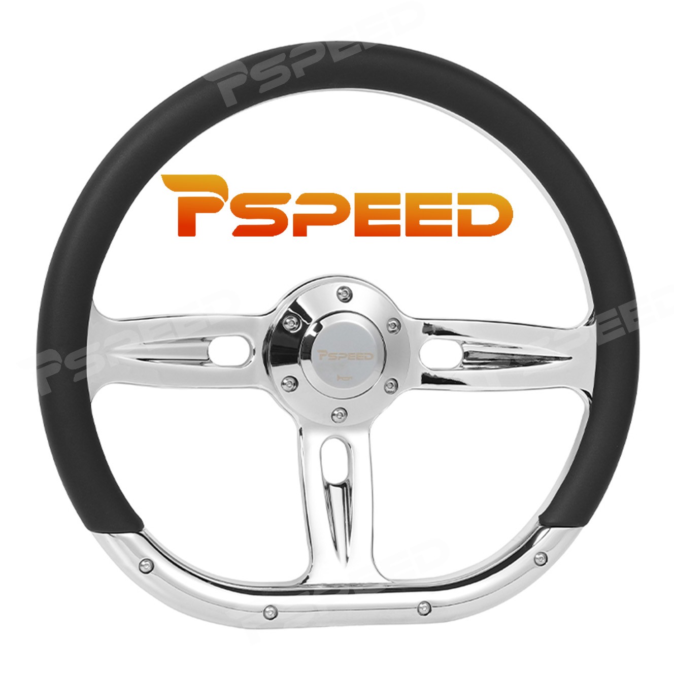 D-Shape 14″ Chrome Spoke Steering Wheel 6-Bolt Black Leather Wrap For Car Truck