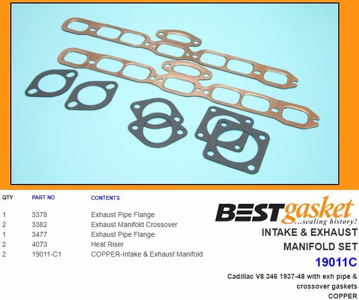 Cadillac/LaSalle 322 346 COPPER Intake+Exhaust Manifold Gaskets BEST 1937-1948