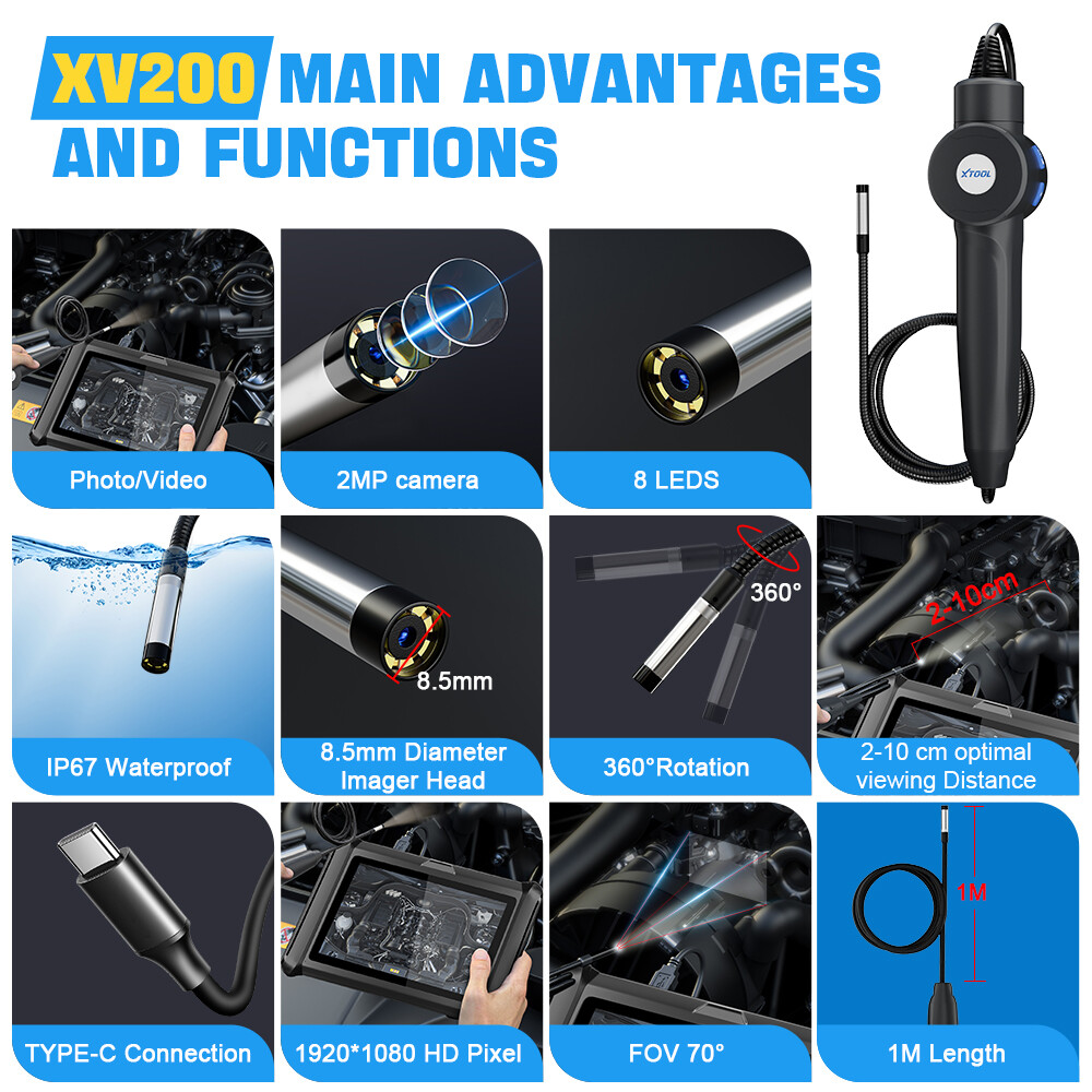 XTOOL XV100 Car Inspection Camera Endoscope Tool IP67 Waterproof For D8/D9 Pro