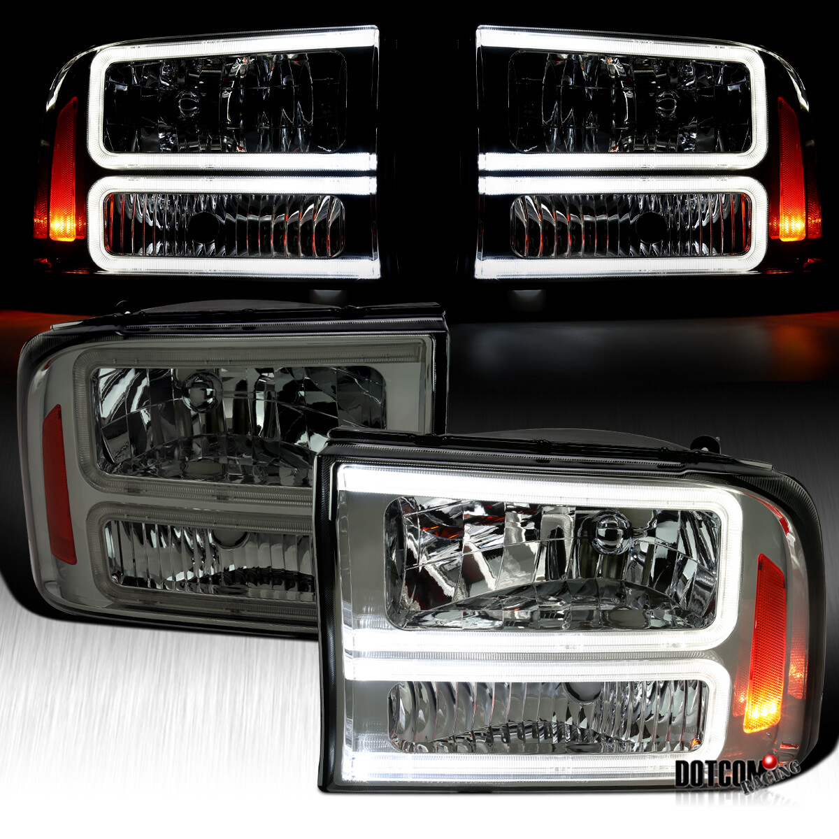 Fit 1999-2004 Ford F250 F350 F450 SuperDuty Smoke LED Tube Headlights Left+Right