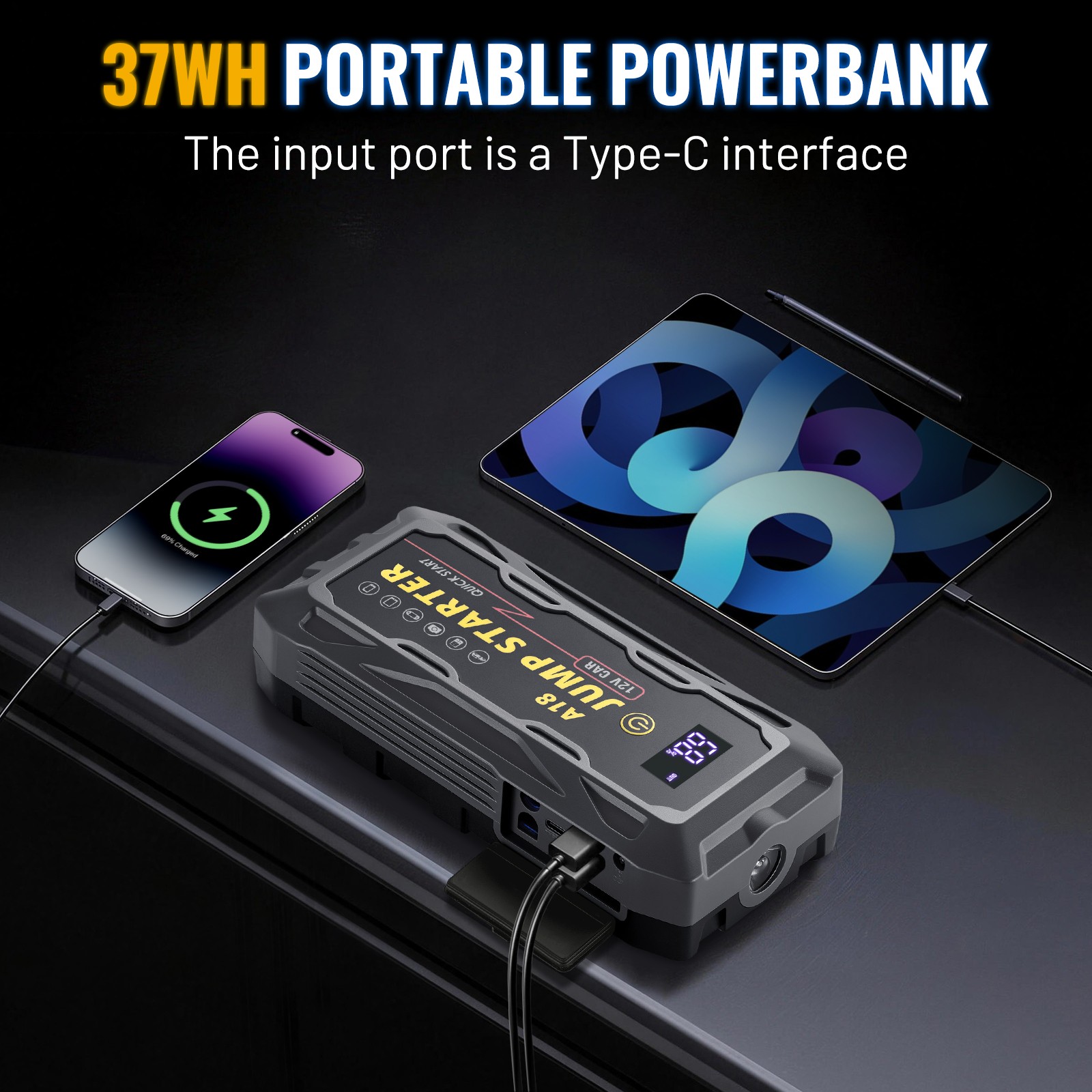 2000A Peak Current Car Battery Starter with Multi-Device Charging Capability