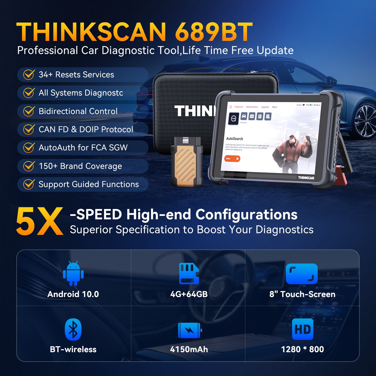ThinkScan 689BT Car Diagnostic OBD2 Scanner Tool 34+Reset +ENDOSCOPE Videoscope