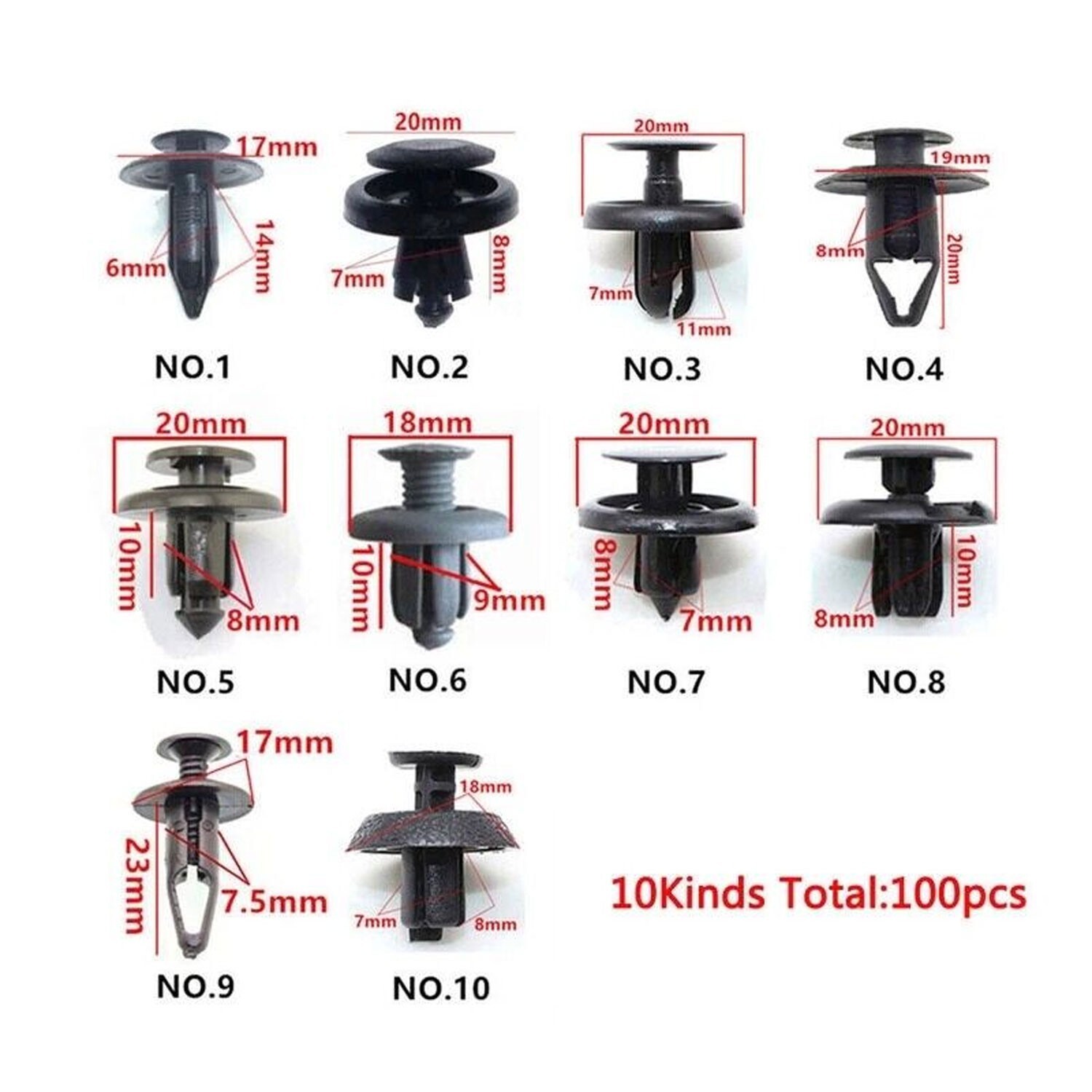 100X Bumper Clips FENDER TRIM Car Push Pin Rivet Fastener Retainer 9 8 7 6mm& U