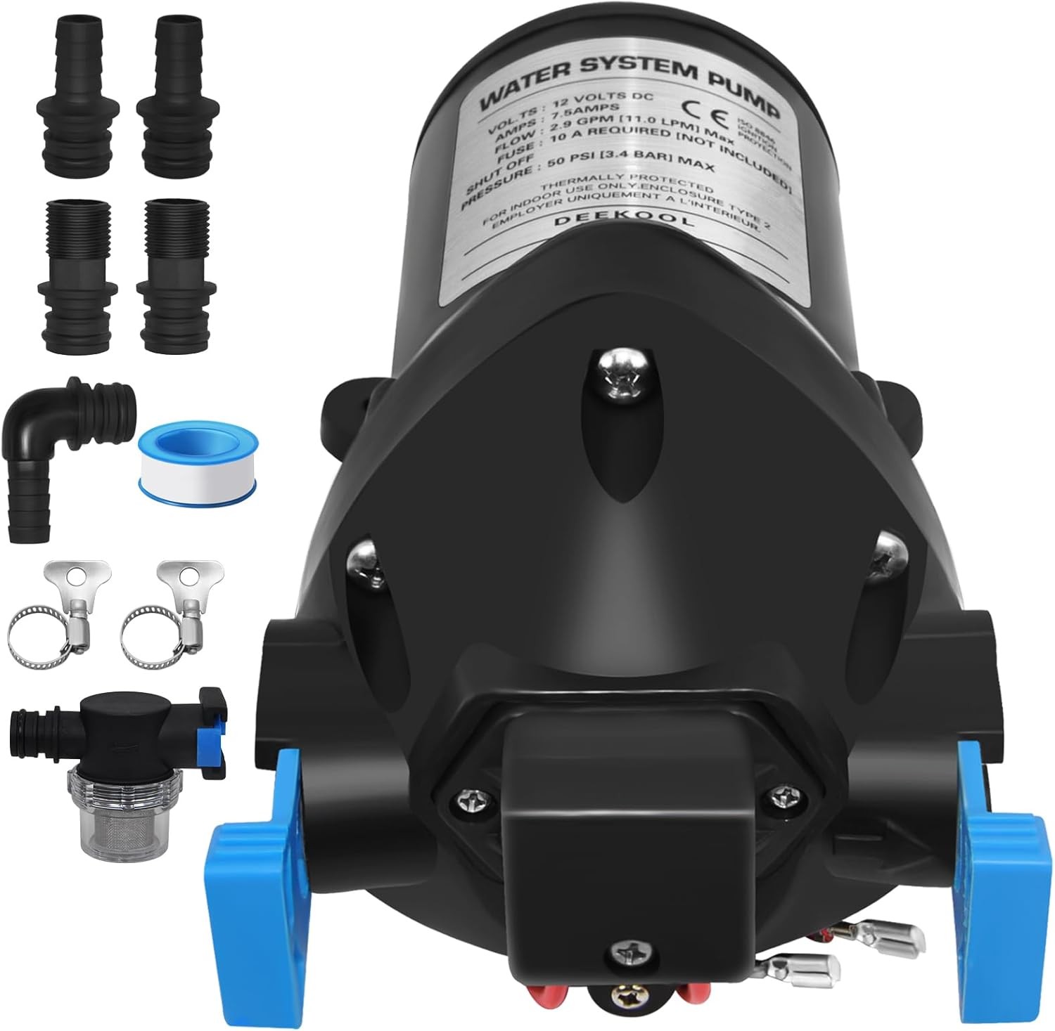 03526-144A 12V RV Water Pump System Pump, 2.9 GPM, 50 PSI Triplex Black