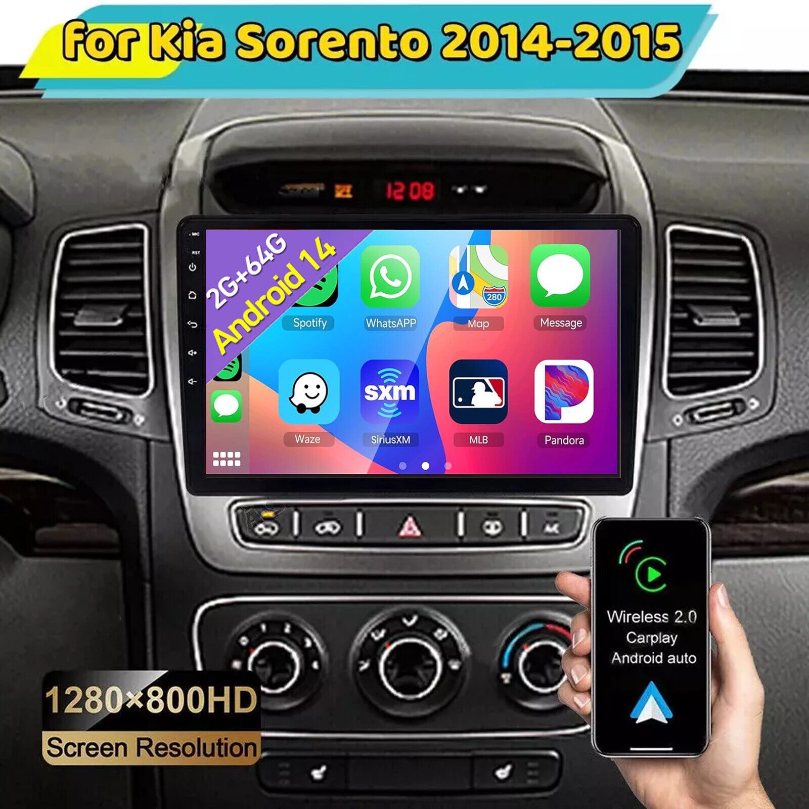 8 Core 2+64GB Android 14 Stereo Radio for Kia Sorento 2014-2015 CarPlay GPS