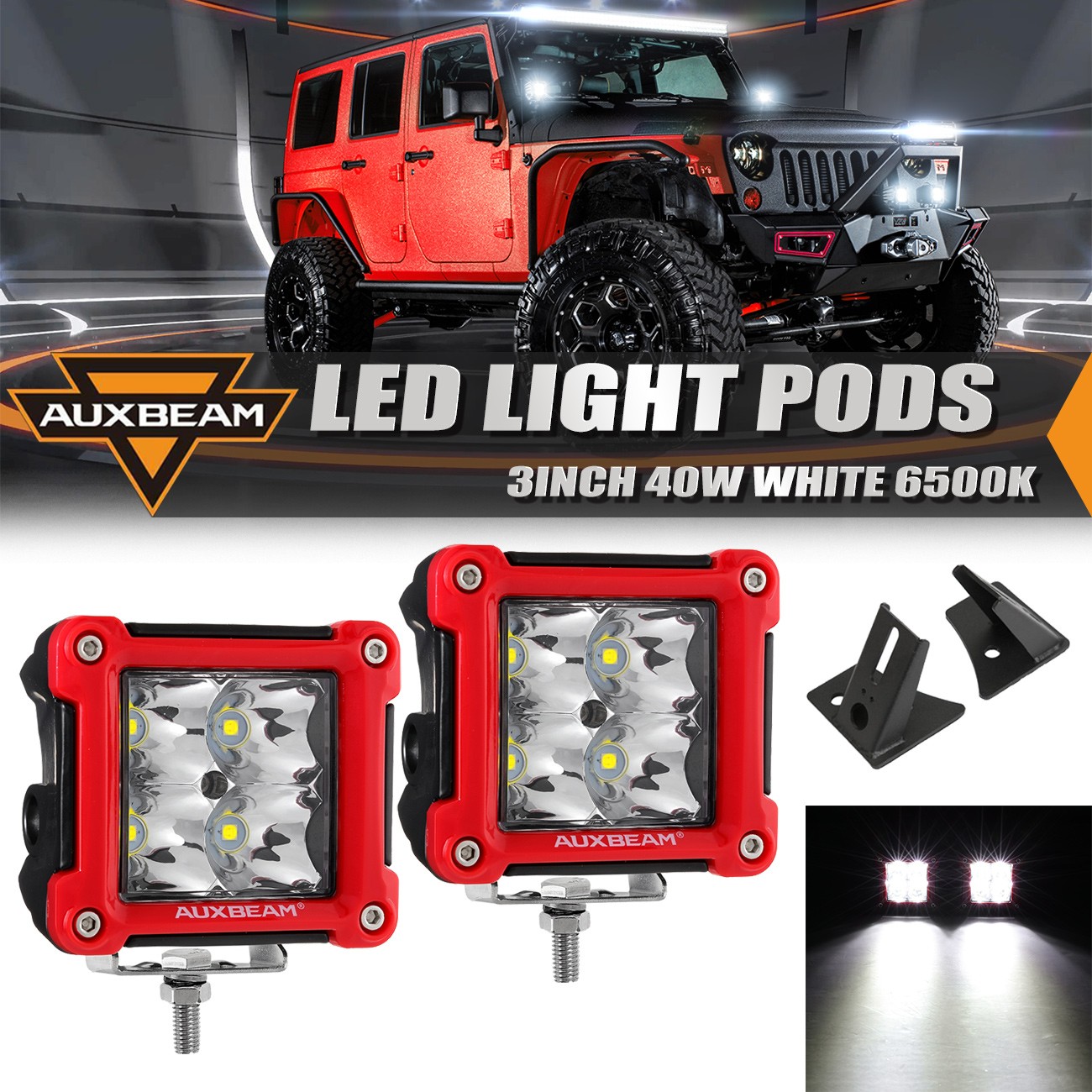 Pair 3″ Red Face Frame LED Light Pods + Mount Bracket for Jeep Wrangler JK 07-17