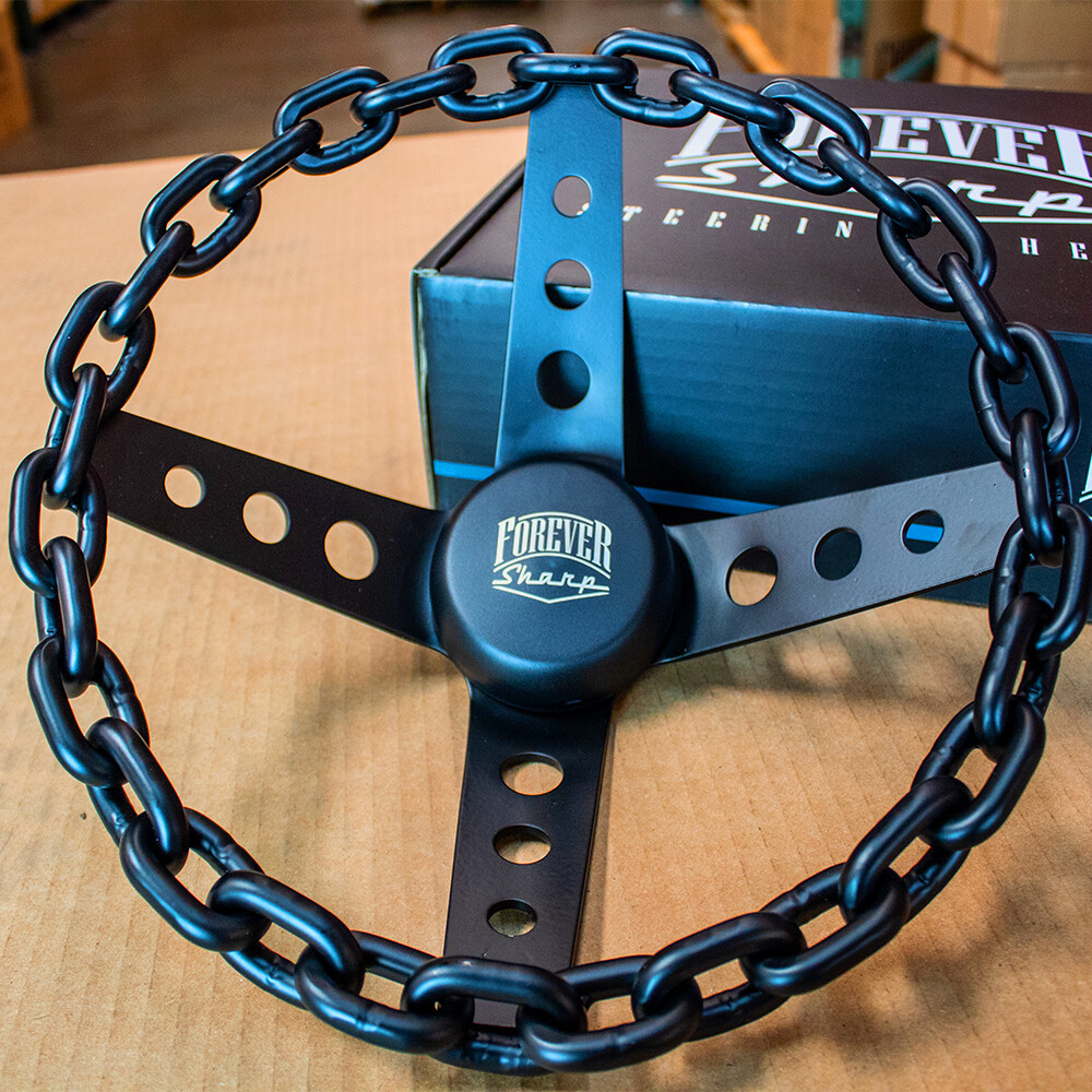 11 Inch Black Chain Steering Wheel with 4 Cutout Spokes and Horn Button -3 Hole