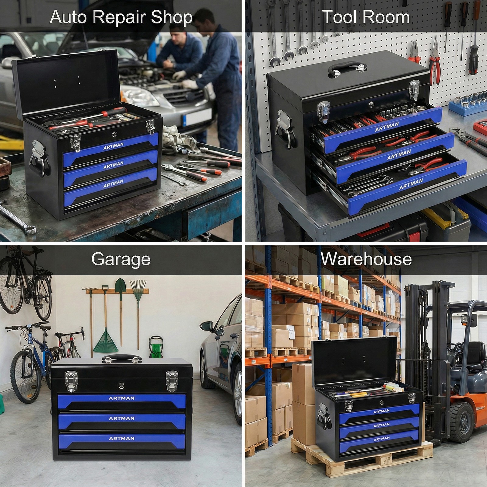 20″ Portable Steel 3-Drawer Toolbox with Latches Top Tray& Handle Garage Storage