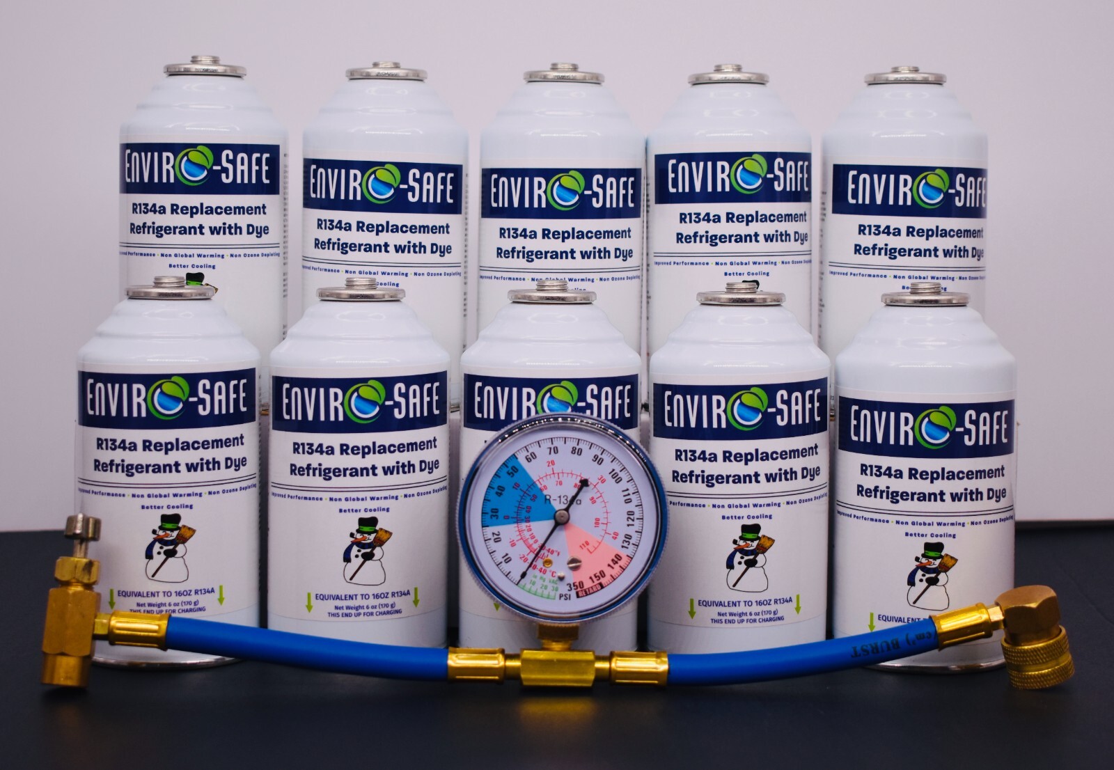 R134a Replacement Refrigerant with dye, 10 CANS, Brass Gauge.