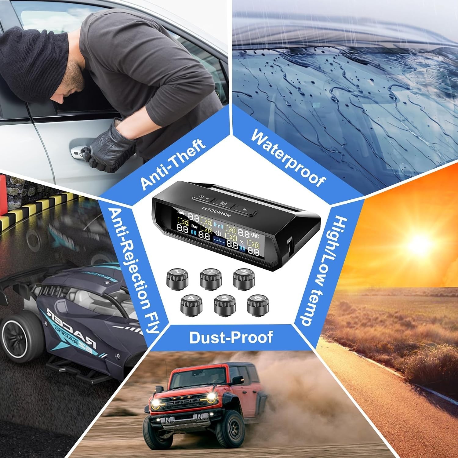 Upgrade RV TPMS 6 Sensors, Solar Charge, USB-C, Color LCD, 0-144PSI, Safe Drive