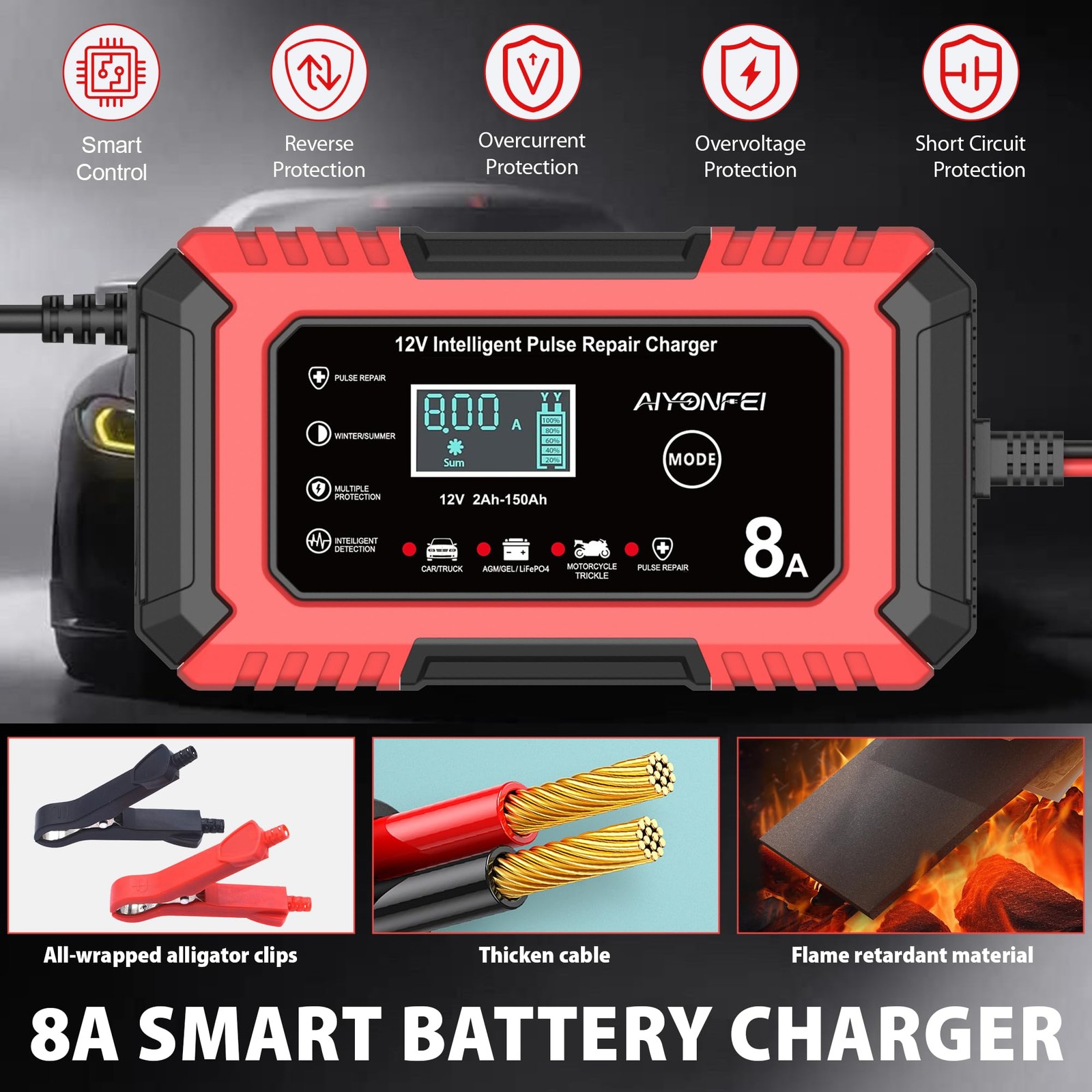 AIYONFEI 12V Battery Charger 8-Amp Smart Trickle Charger, Red