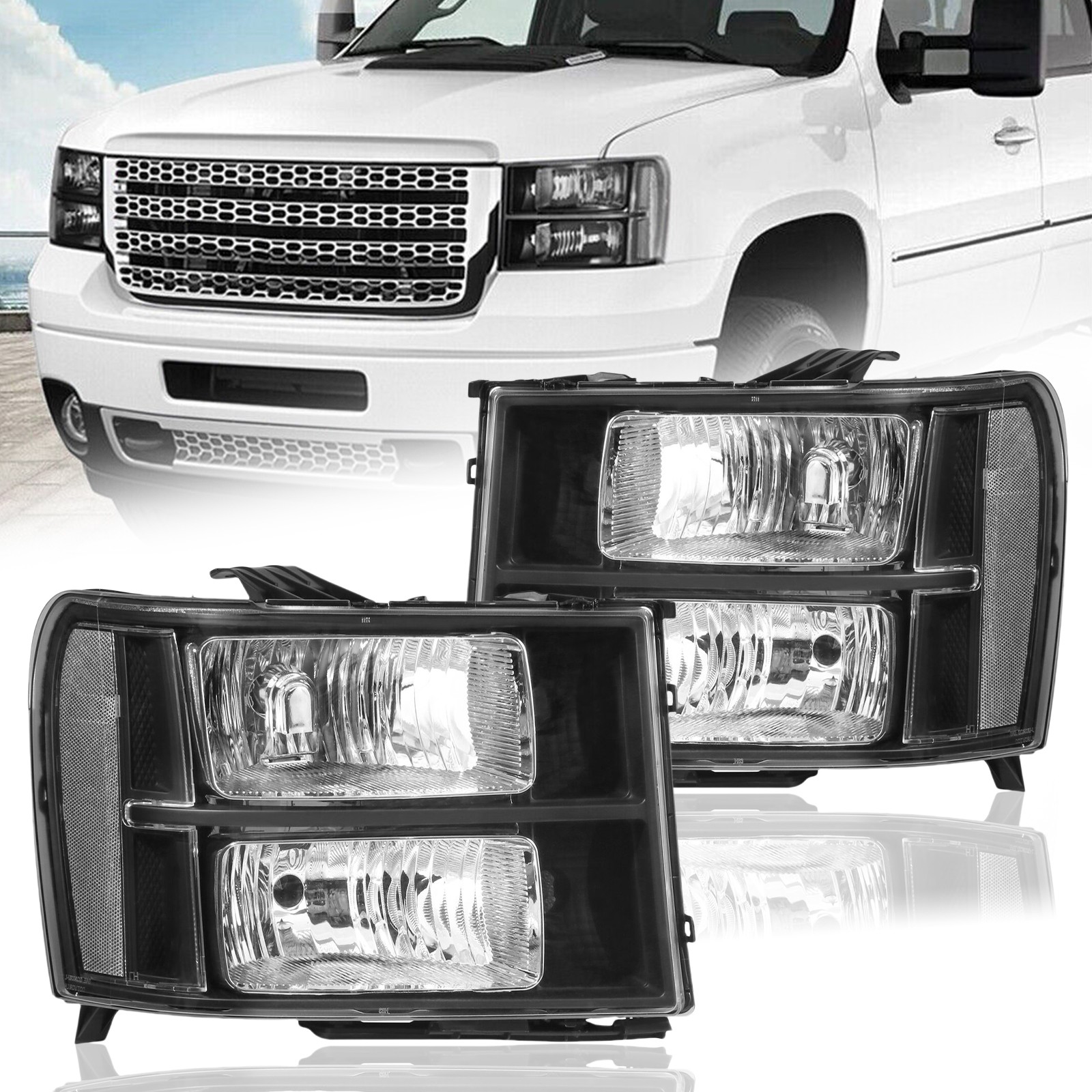 Pair Headlights For 2007-2013 GMC Sierra 1500 2500HD 3500HD Black Lamps Clear