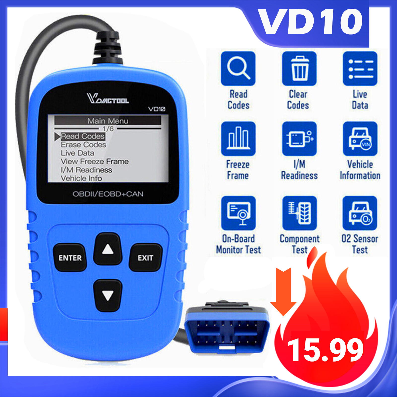 ?VDIAGTOOL VD10 OBD2 Scanner Code Reader Car Diagnostic Tool Engine Fault Blue