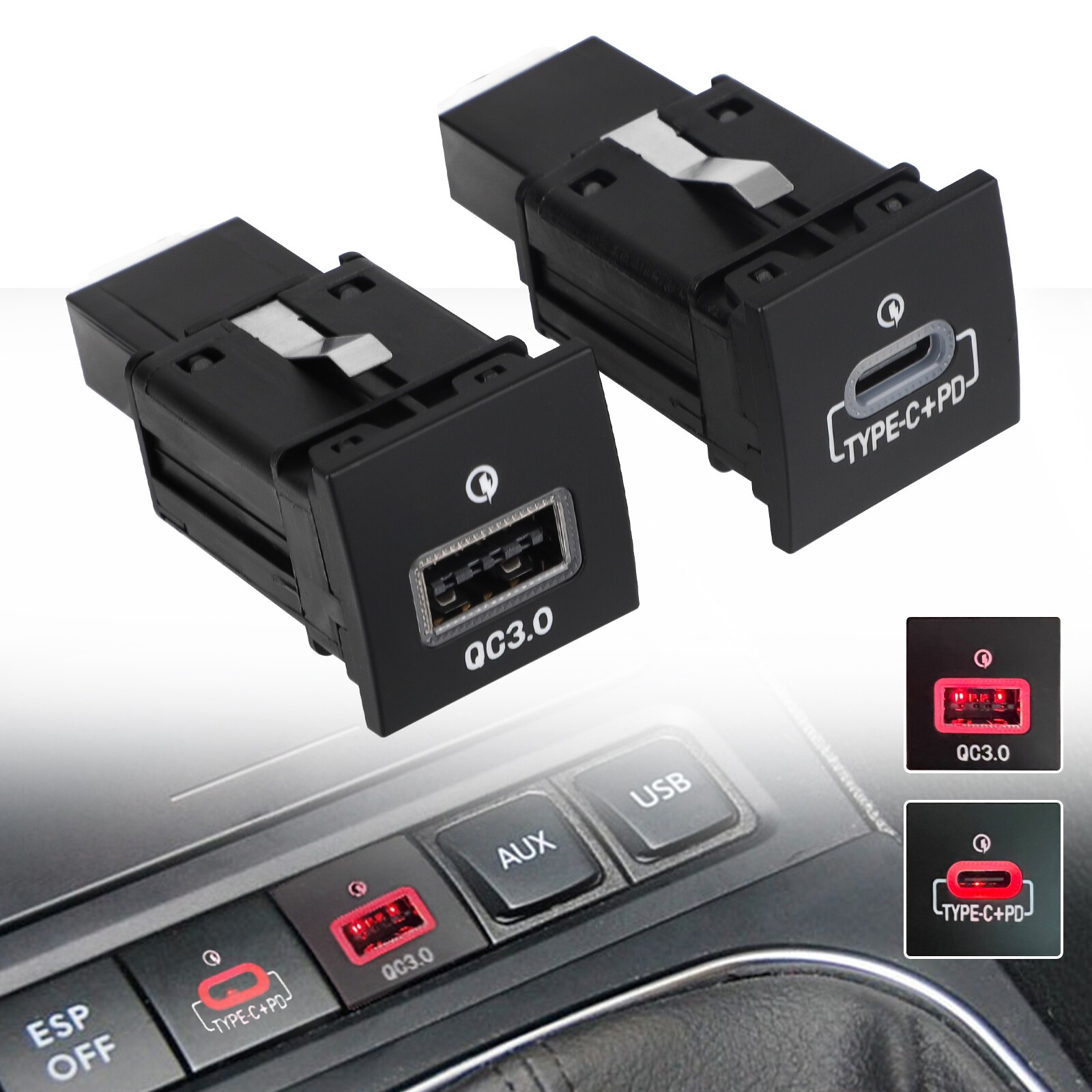 36W USB QC3.0 Charger + PD For Jetta MK6 10-14 Golf/GTI/R-Line 2006-2013 MK5 MK6