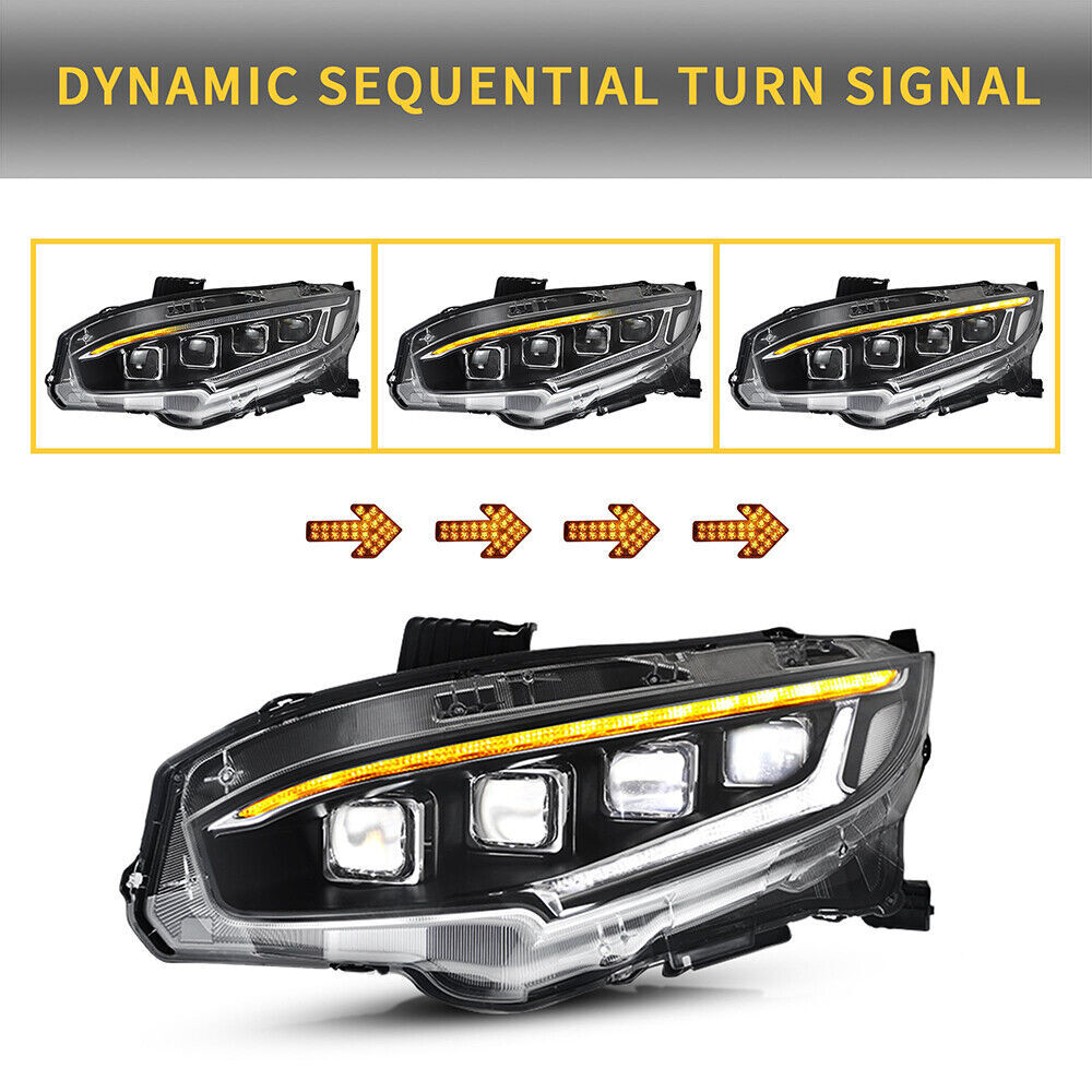 VLAND LED Projector Headlights For Honda Civic 2016-21 w/Startup Animation Pair