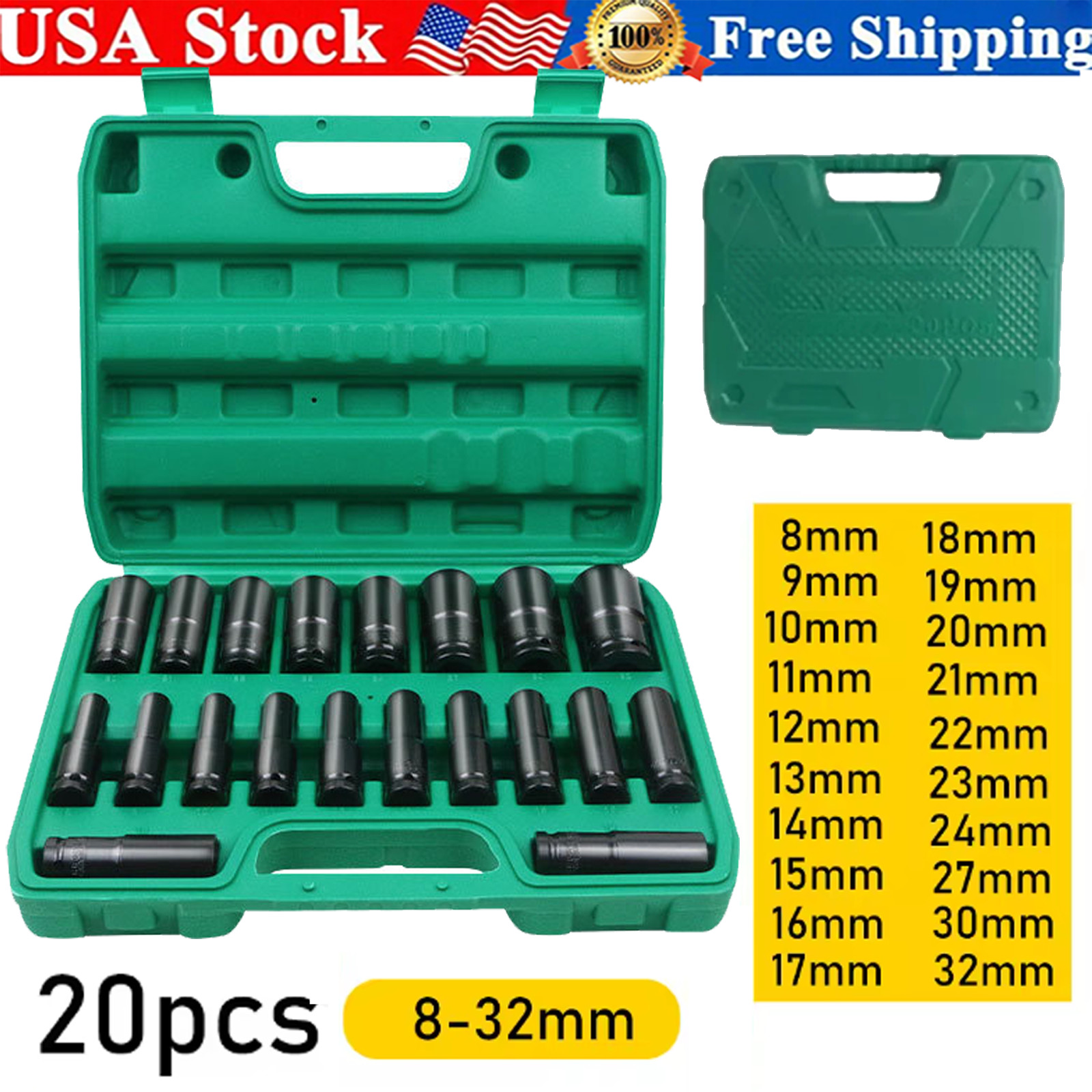 20PCS 1/2Inch Impact Sockets Set Drive Metric 8mm-32mm Deep 6-Point Set w/case
