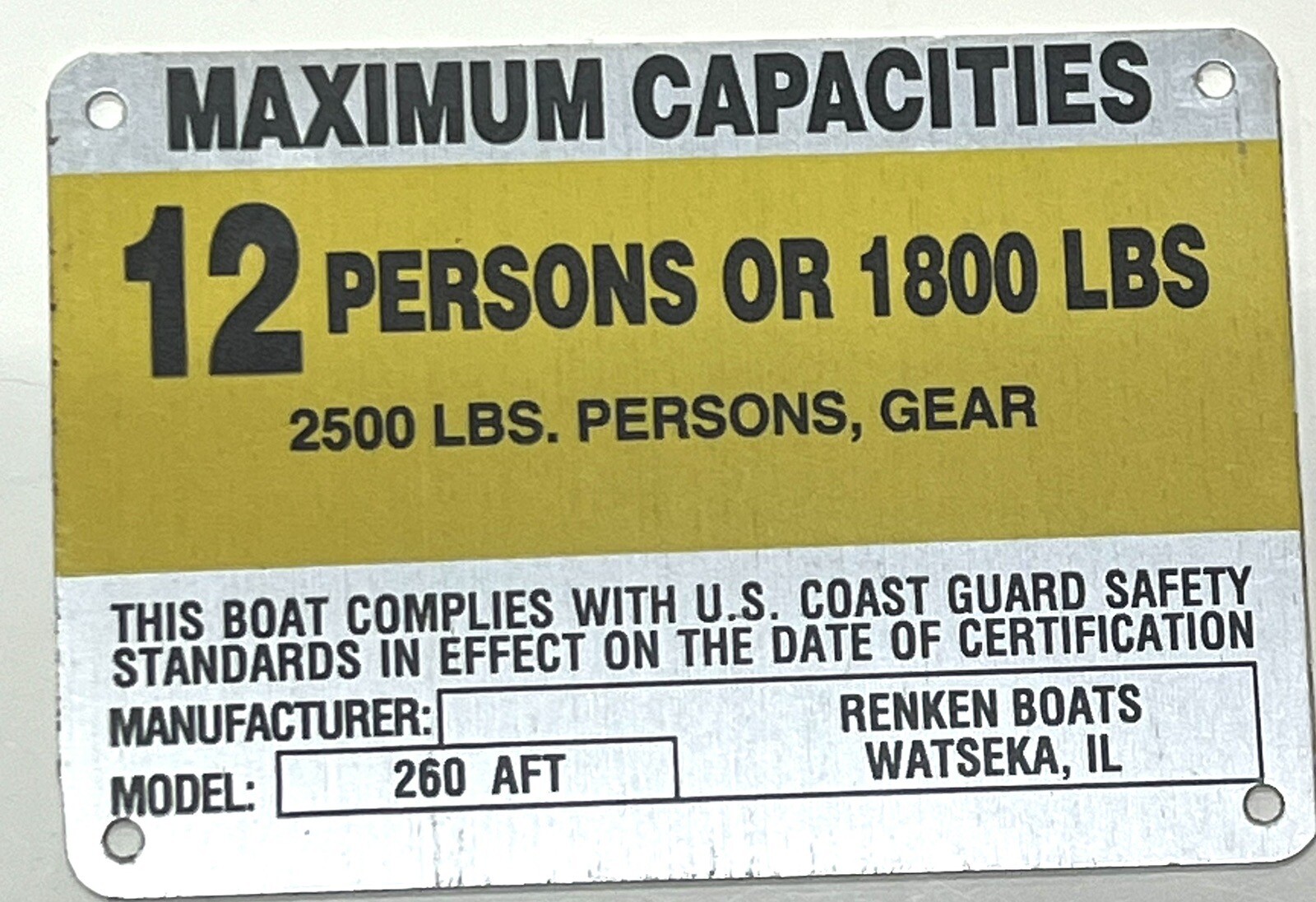 United Marine Corp Boat Capacity Plate~Tag~12 Person or 1800 Lbs~Renken 260 Aft