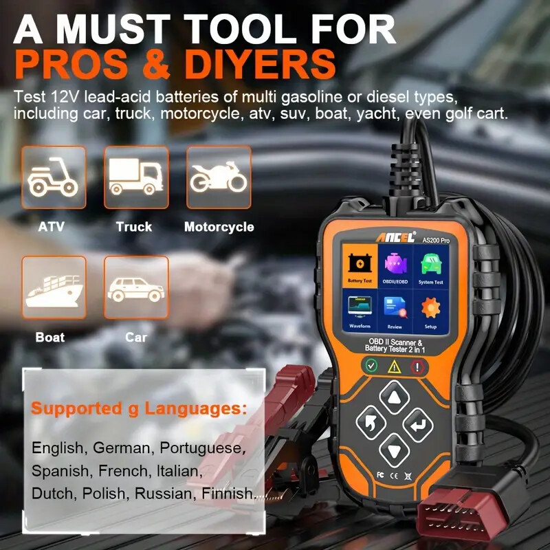 ANCEL AS200 Pro 6V 12V Battery Charging Cranking Tester OBD2 Engine Scan Tool