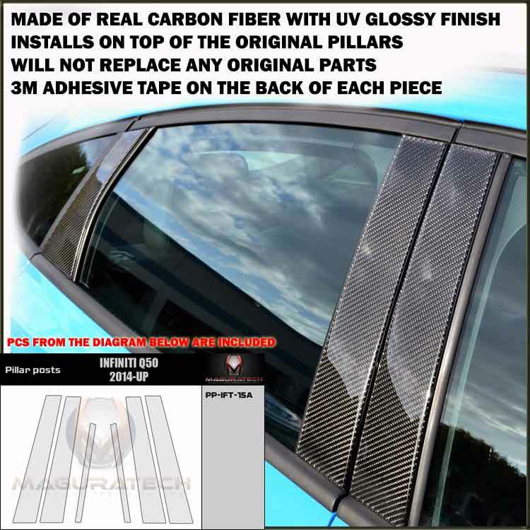 FITS INFINITI Q50 2014-19 REAL BLACK CARBON FIBER WINDOW PILLAR POSTS – 6 PCS
