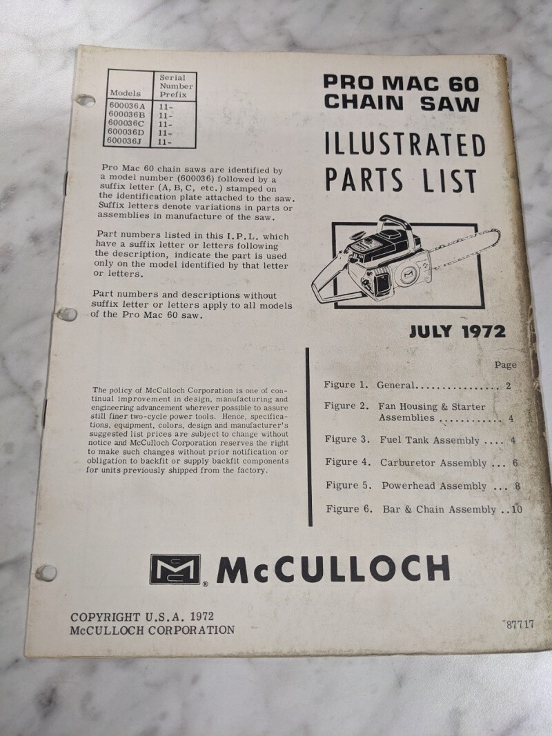 MCCULLOCH CHAIN SAW ILLUSTRATED PARTS LIST MANUAL CATALOG PRO MAC 60 1972 87717