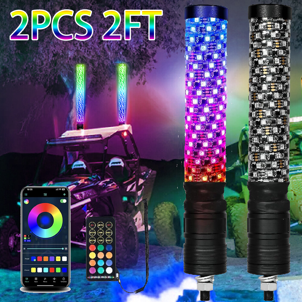 2x2FT RGB Spiral LED Fat Whip Light Antenna Chasing For Boat RZR UTV ATV