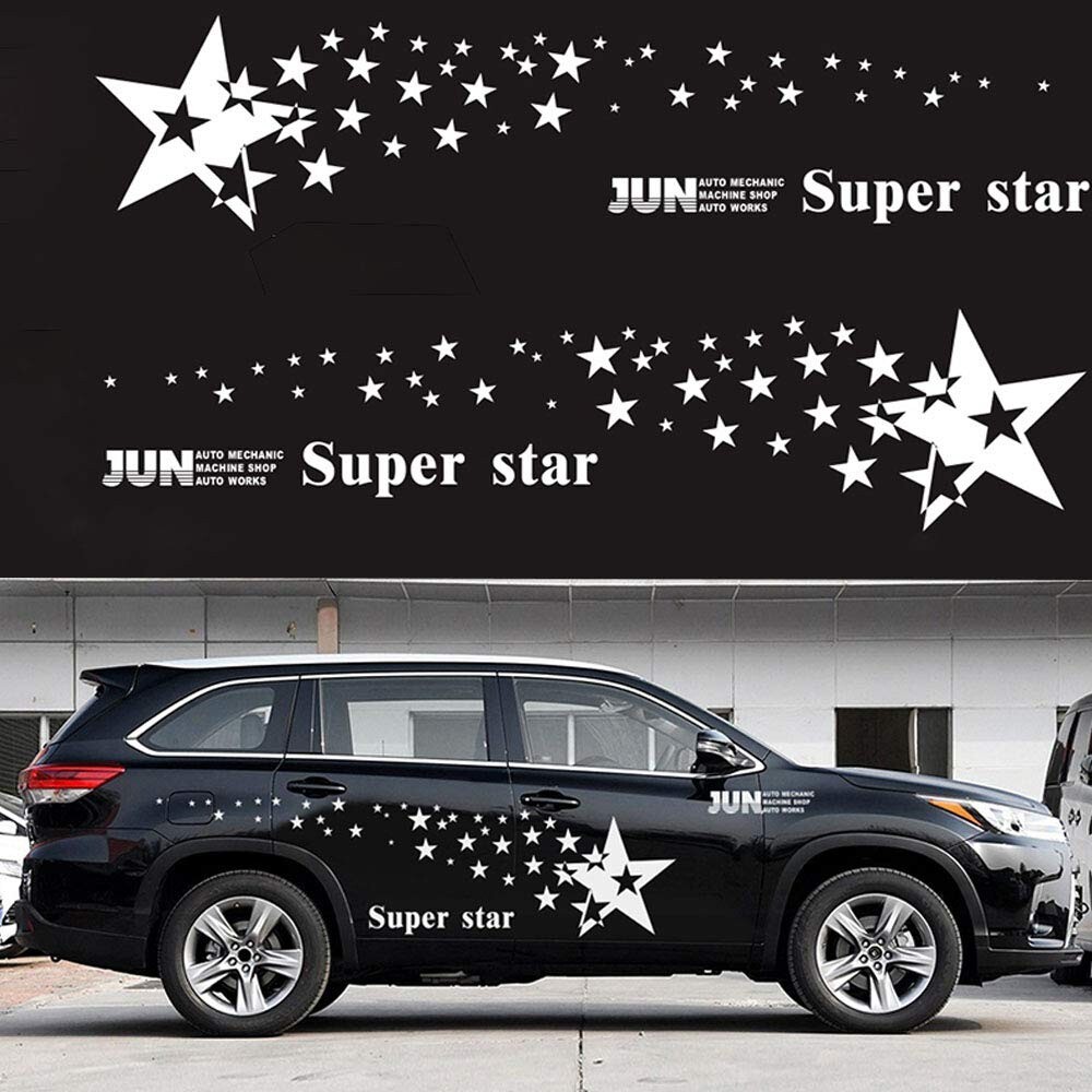 2 Pcs White Long Racing Stripes Vinyl Decal Sticker Star Graphics Car Side Body