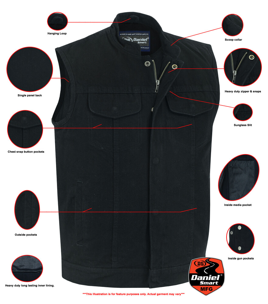 Denim Vest Concealed Snap Closure, Denim Material, Scoop Collar & Hidden Zipper
