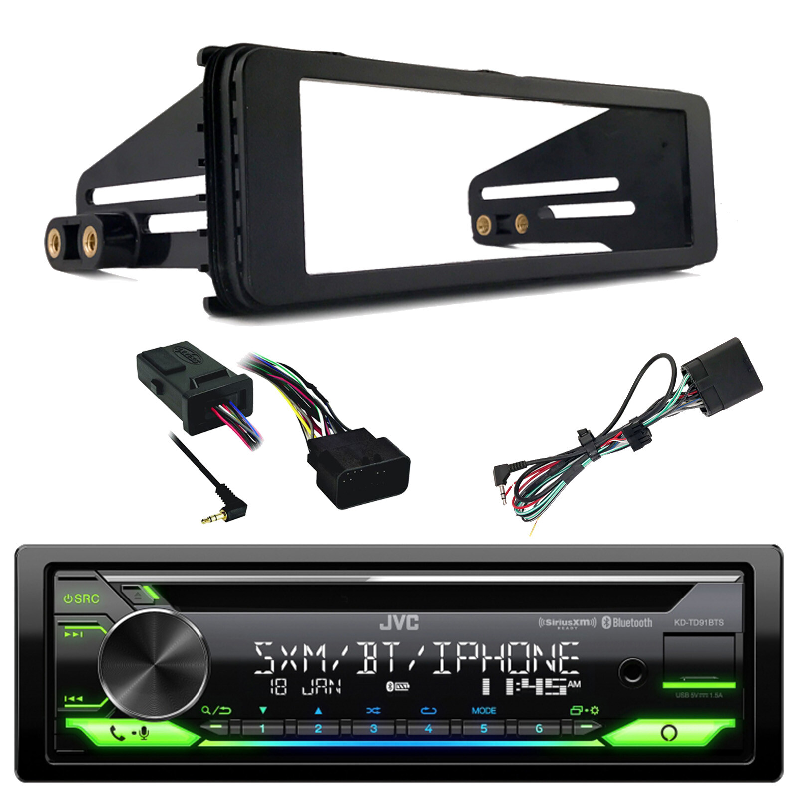 JVC KD-TD91BTS 1 DIN CD Stereo Receiver, Stereo Install Kit, Handlebar Control