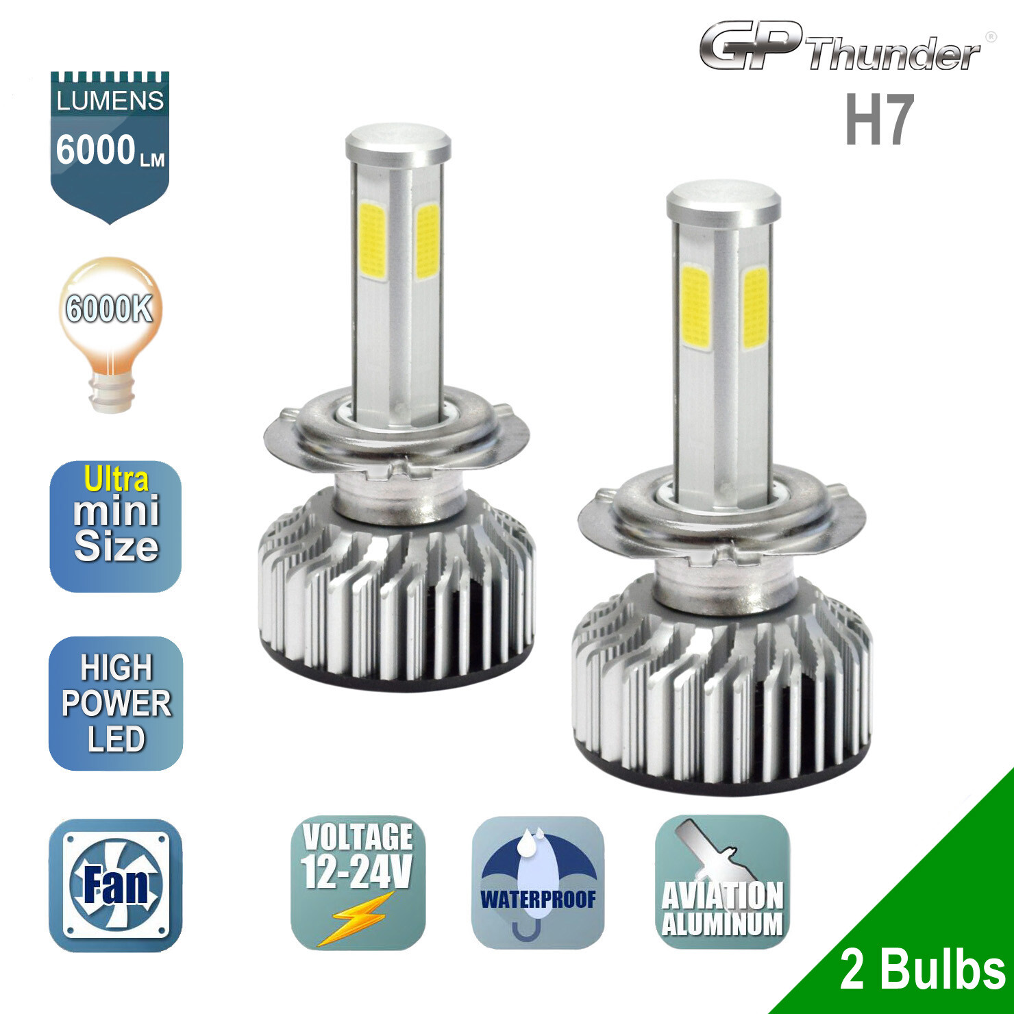 2x H7 4-Sides Shortest LED Headlight Kit Low High Beam Light Bulb 6000K White